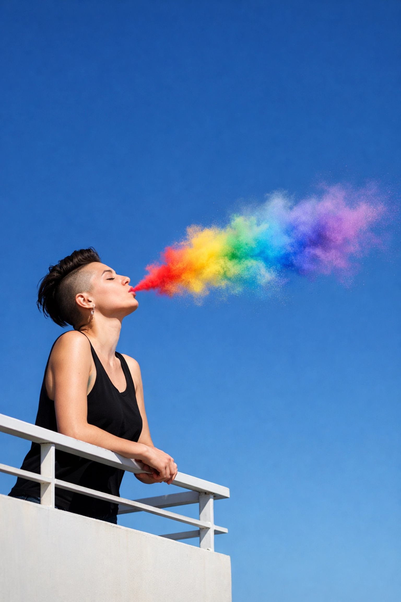 Queer woman on a balcony releasing colored powder, symbolizing spiritual deconstruction and liberation.