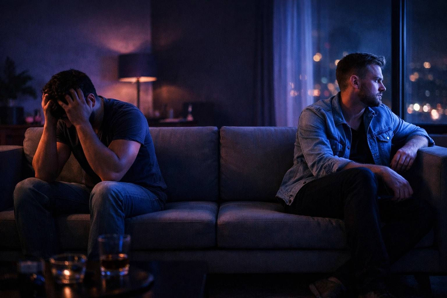 Gay couple experiencing emotional distance and relationship struggles due to sex addiction