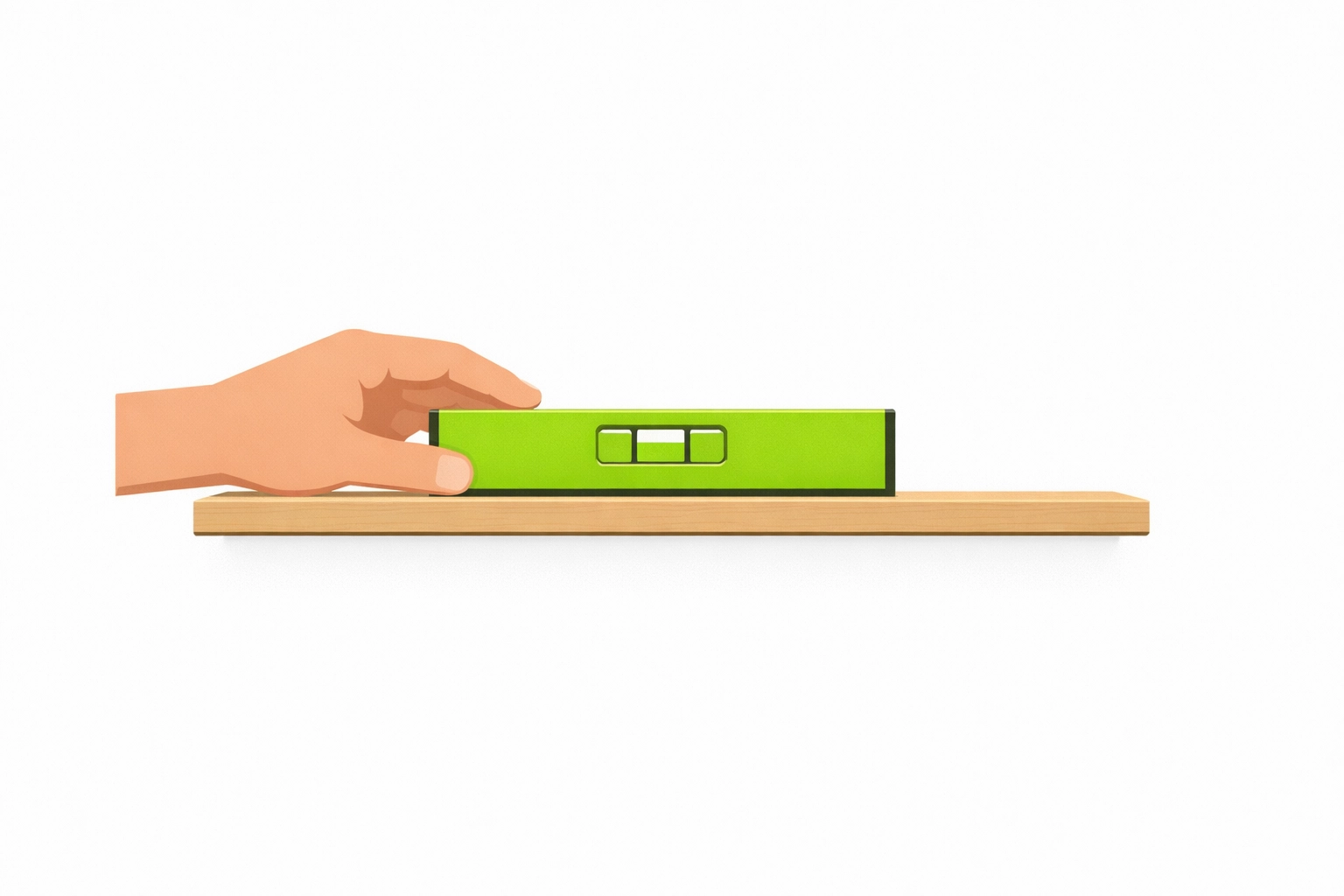 Hand using a spirit level on a floating shelf to verify a straight and secure installation.