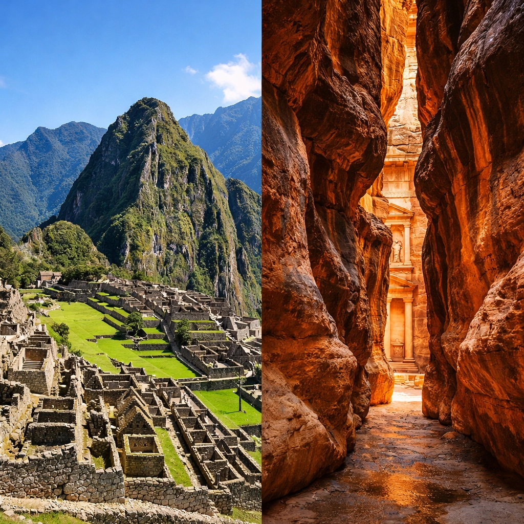 Comparing the green peaks of Peru with Petra's red rocks for the best travel photography locations.