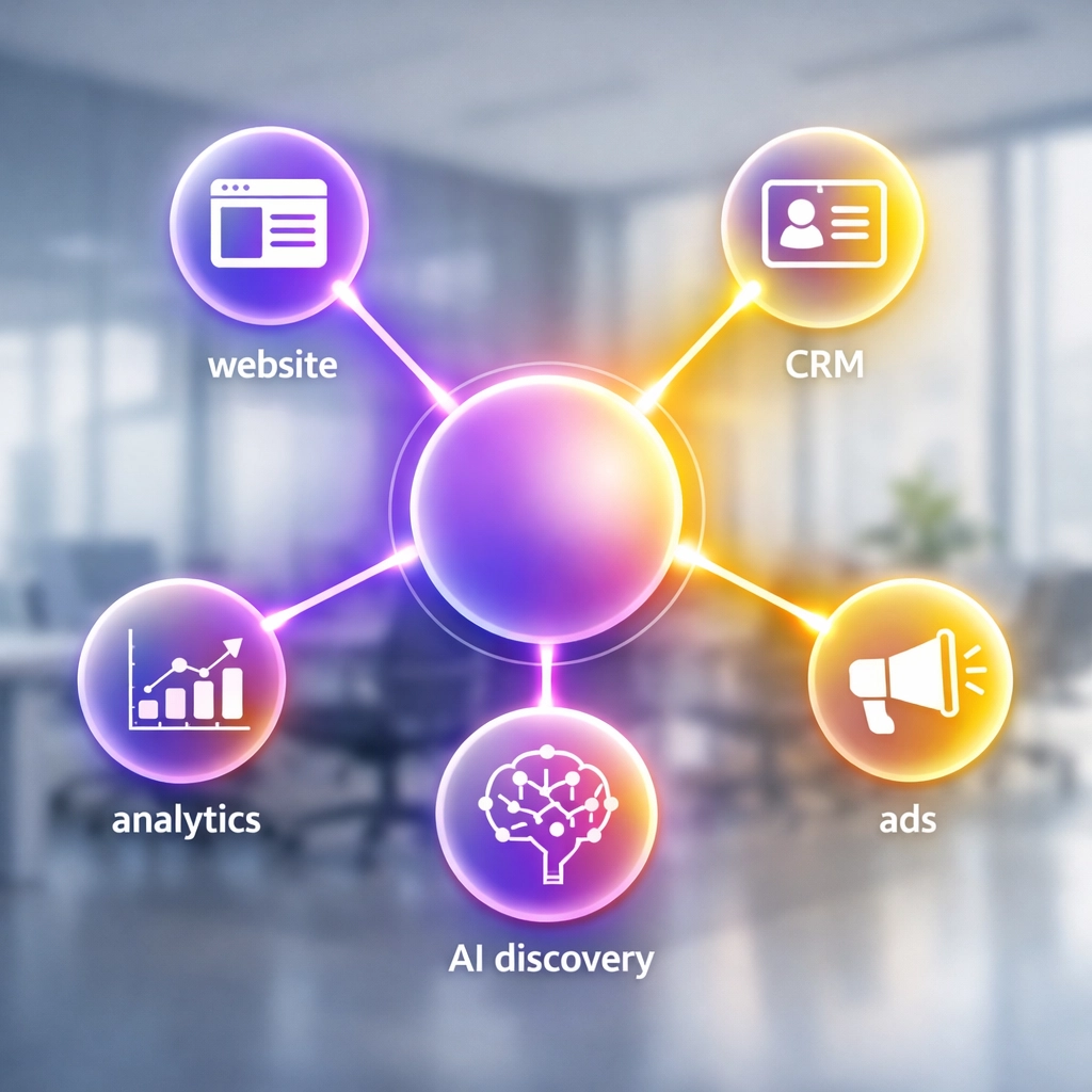 A unified system hub connecting website, analytics, CRM, and ads (Revenue Operating System concept).