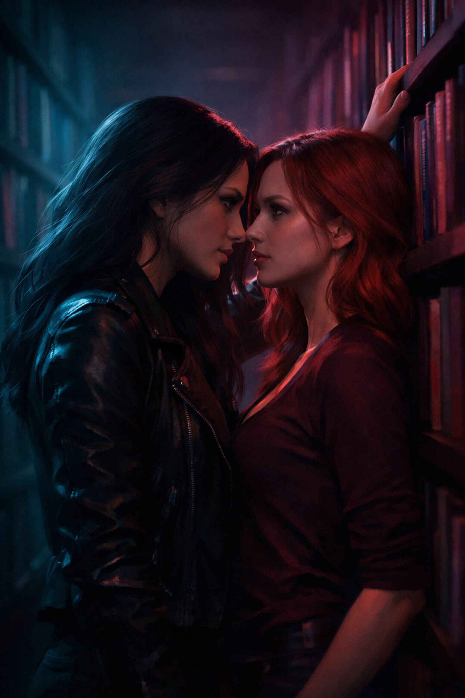 Two women in a library illustrating the enemies to lovers trope in a lesbian romance graphic novel.