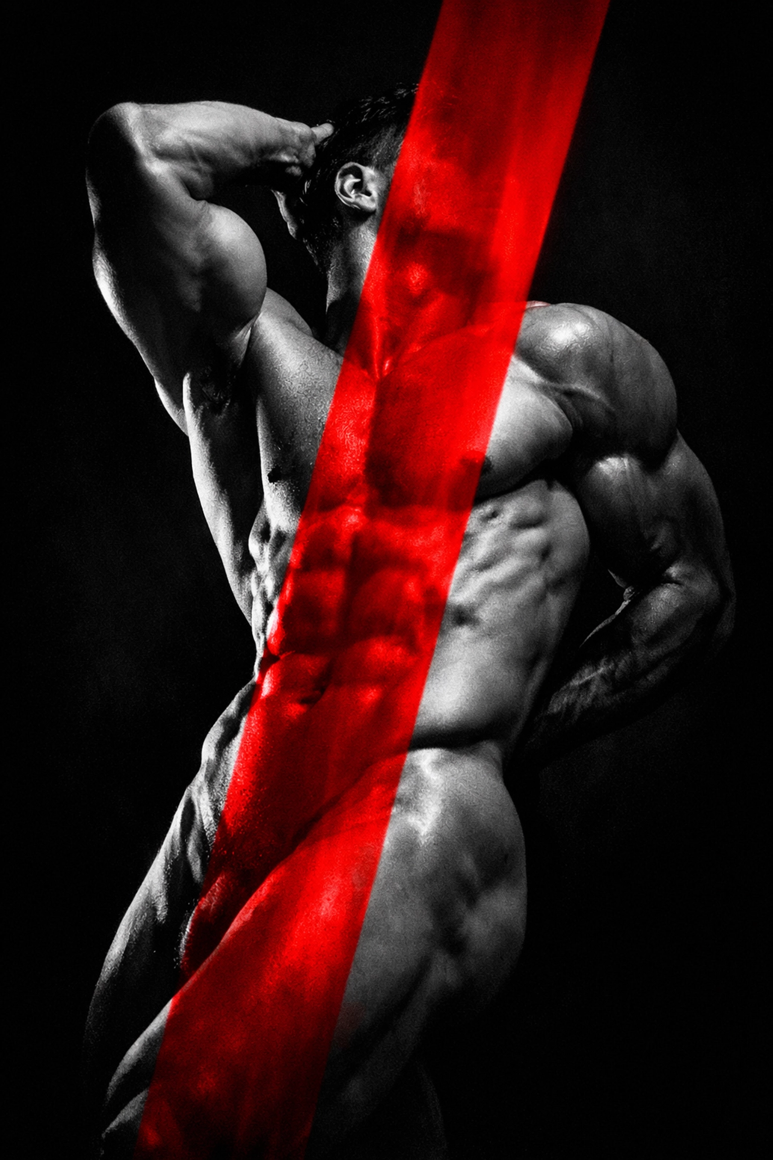 Black and white artistic male nude with a red light streak symbolizing queer art censorship and resilience.