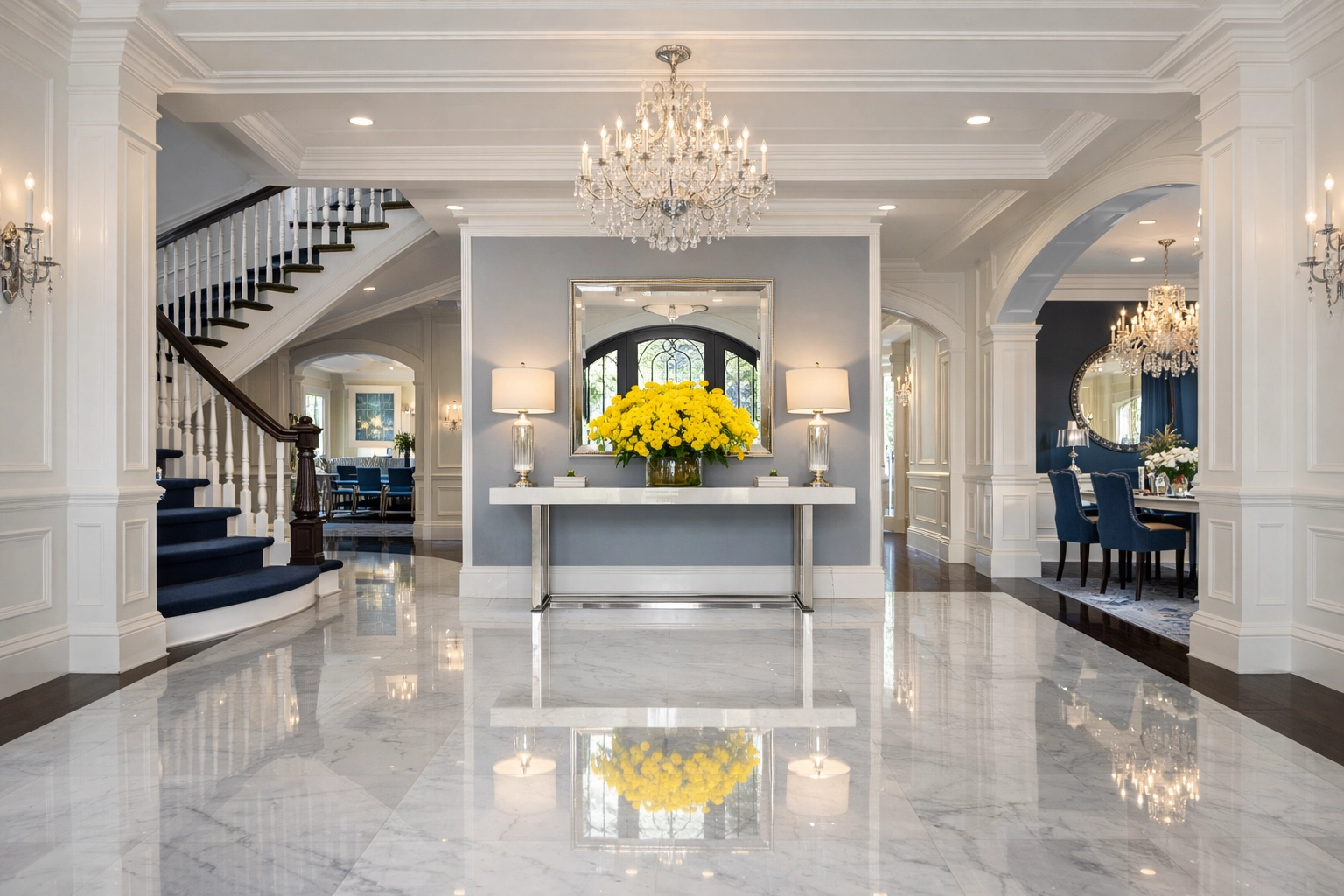 Impeccable residential cleaning MA strike on polished marble floors in a luxury estate hallway.
