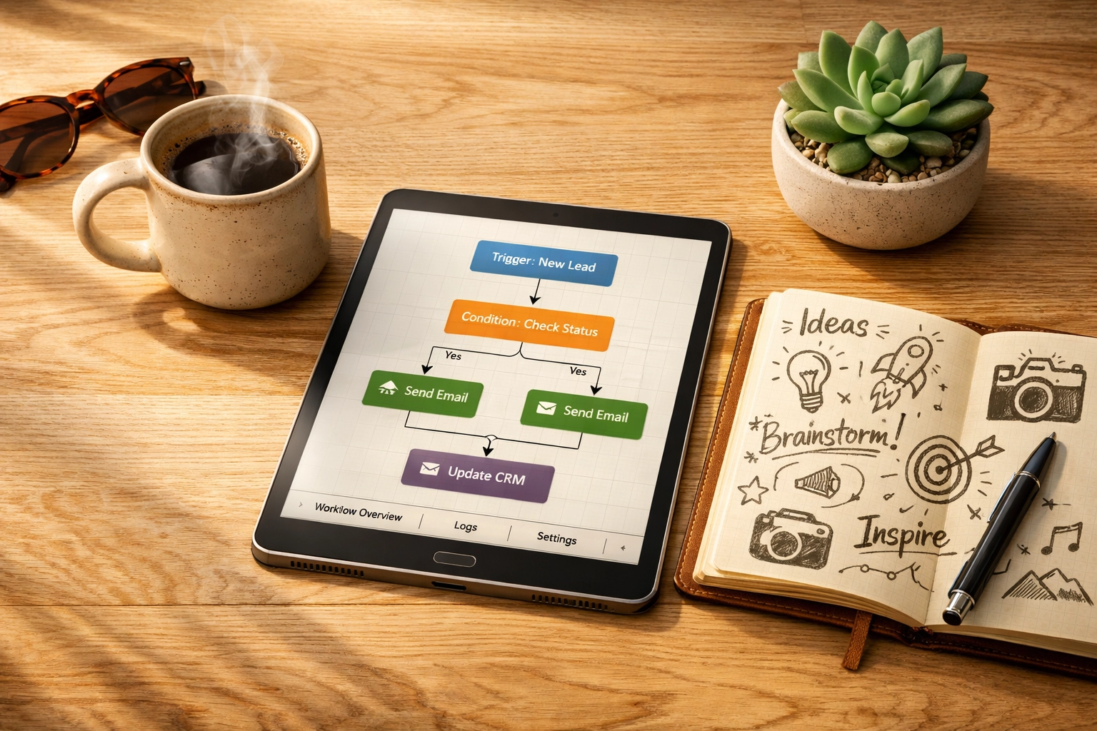 Calm workspace with a tablet showing workflow automation, freeing the team for creative business strategy.