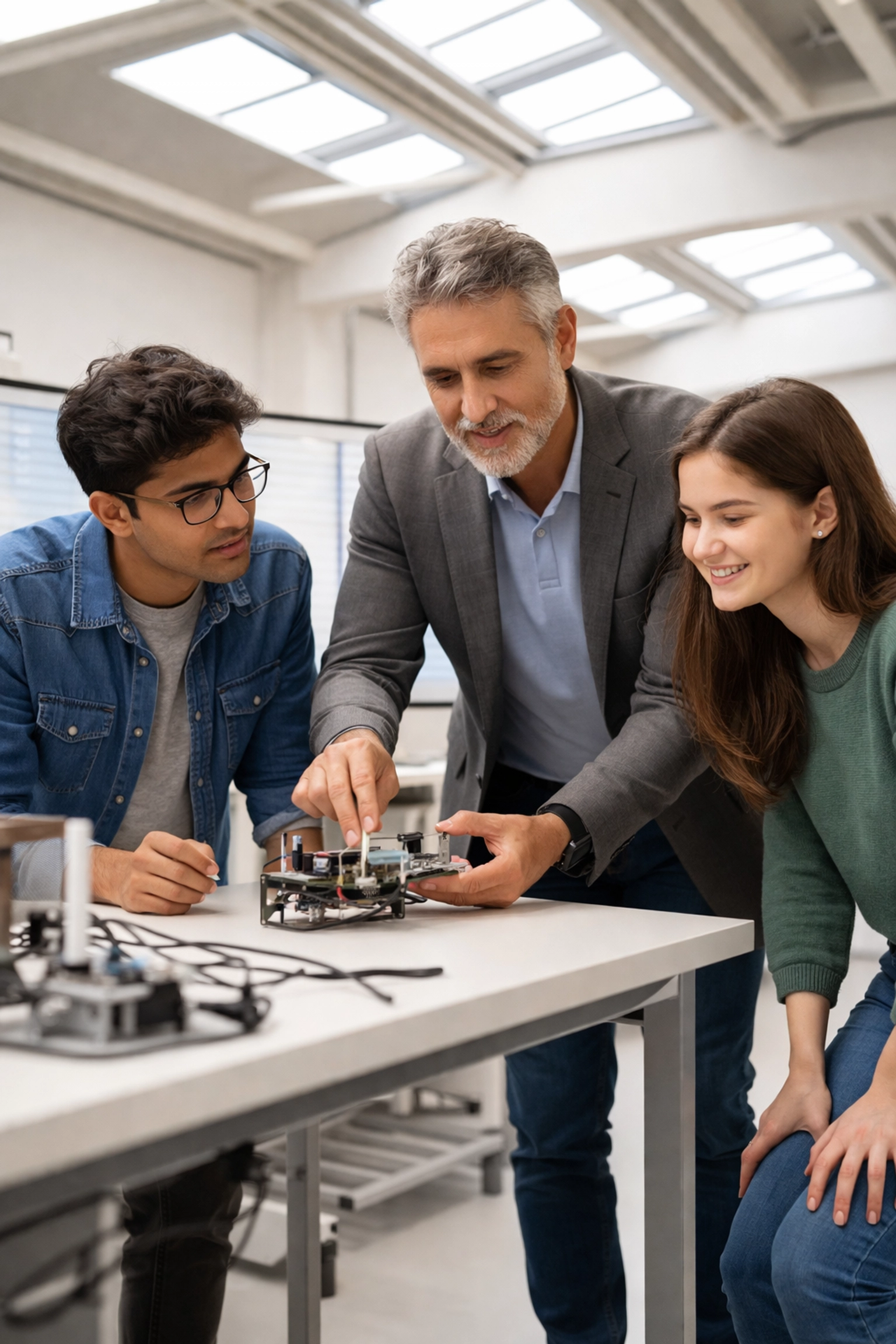 Experienced mentor guiding graduate students through a product prototype in a proof-of-concept lab