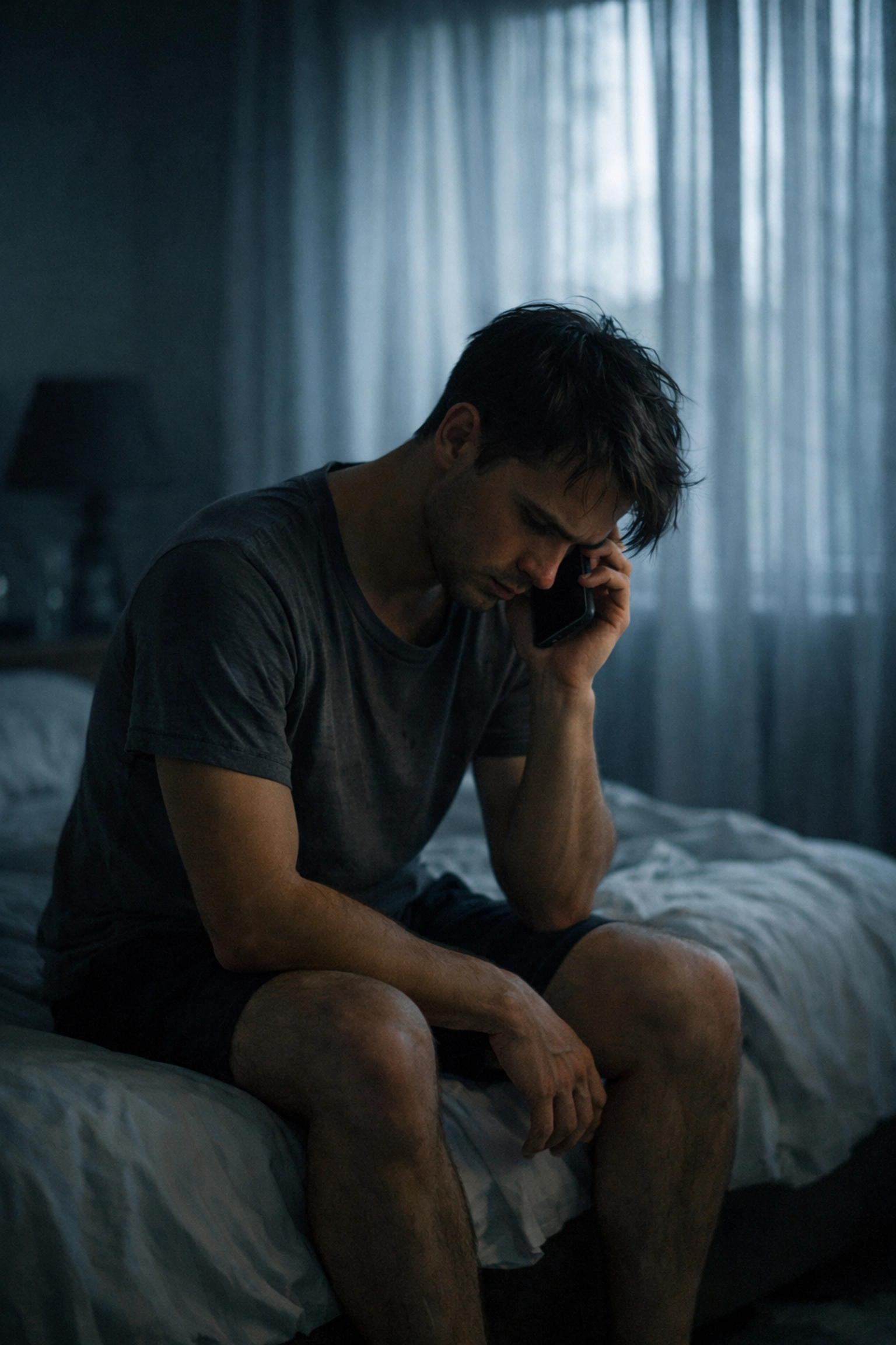 Gay man contemplating commitment while sitting alone on bed