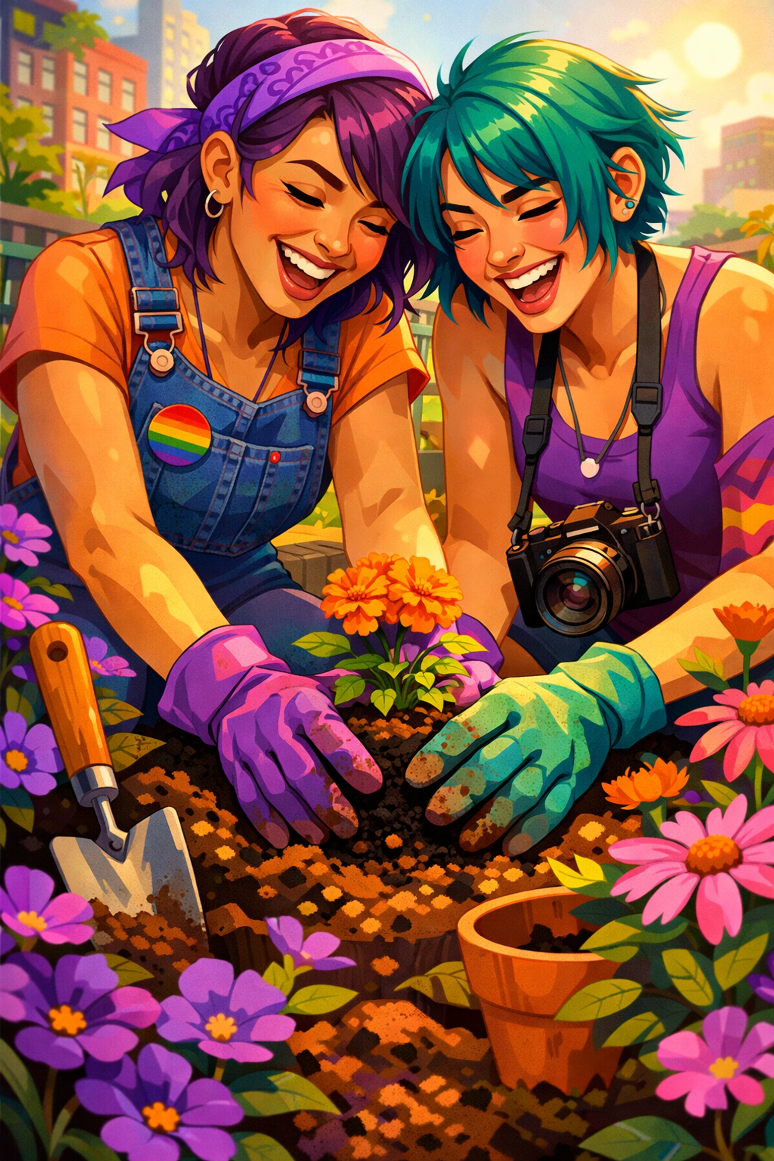 Two young lesbians gardening together, symbolizing community growth and the active nature of queer healing.