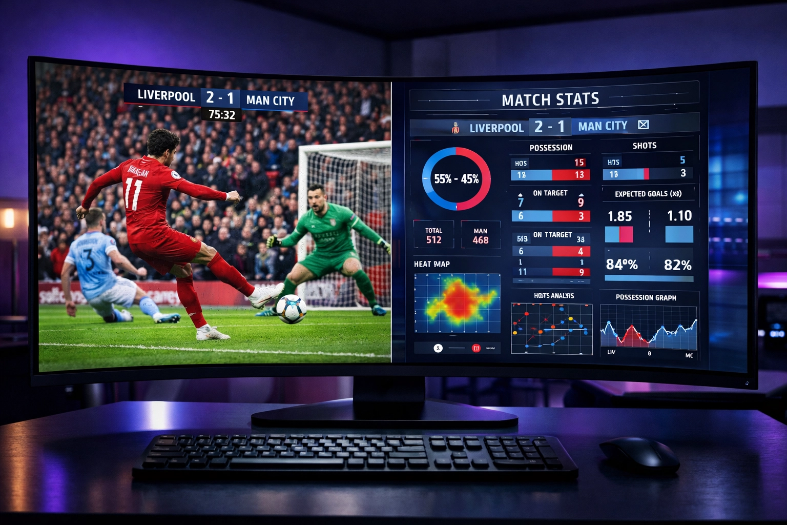 Split-Screen Analyse: Fußball-Highlight nebenMatchstatistiken und xG-Daten