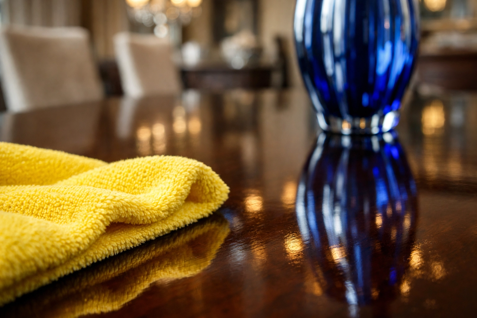A yellow microfiber cloth cleaning a polished wood table for a streak-free Westford house cleaning finish.