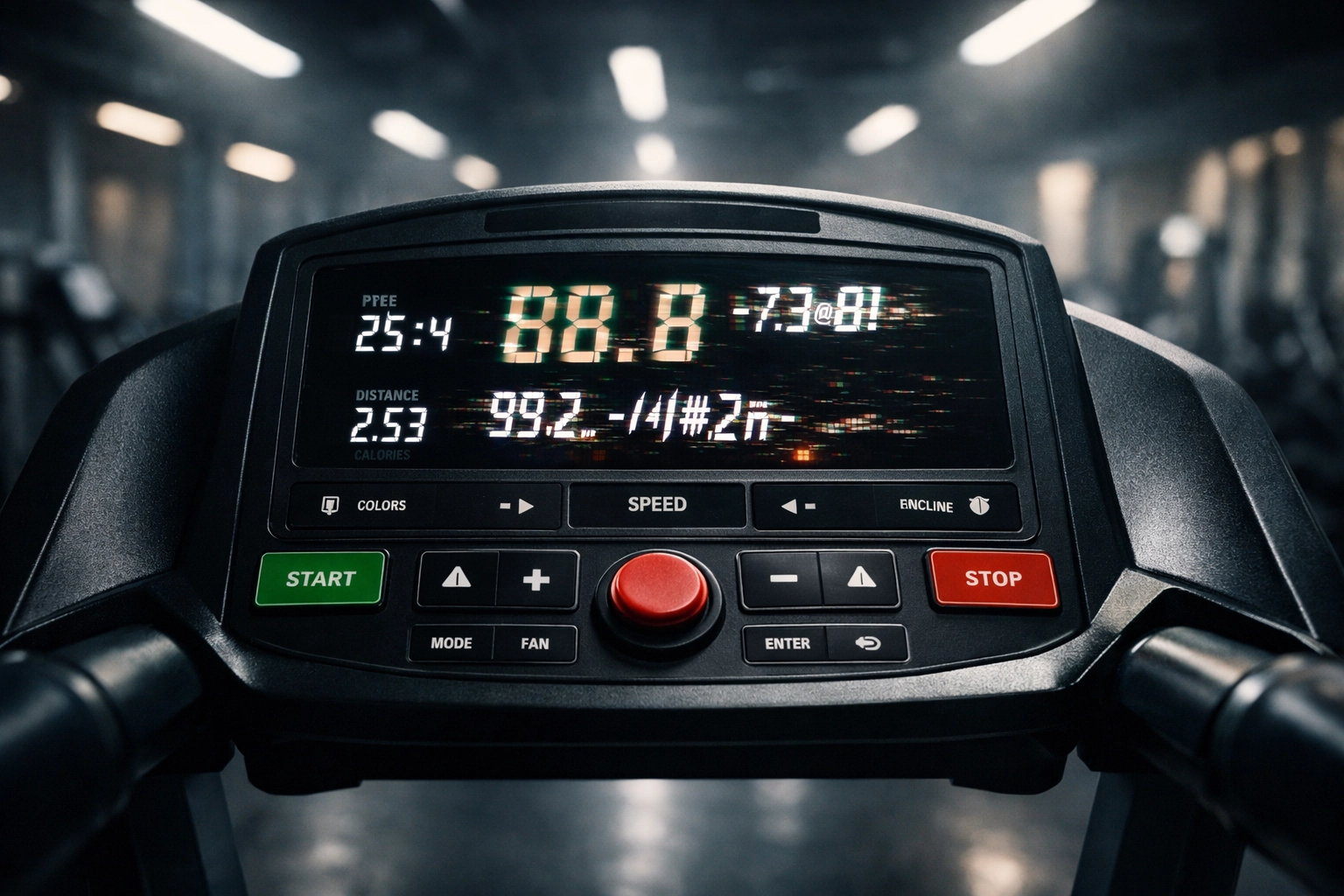 Treadmill console display with flickering screen showing electrical repair needs