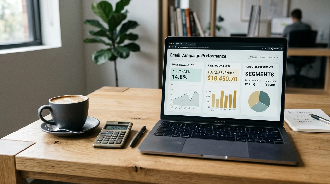Laptop showing email campaign analytics with reply rate and revenue metrics on a desk