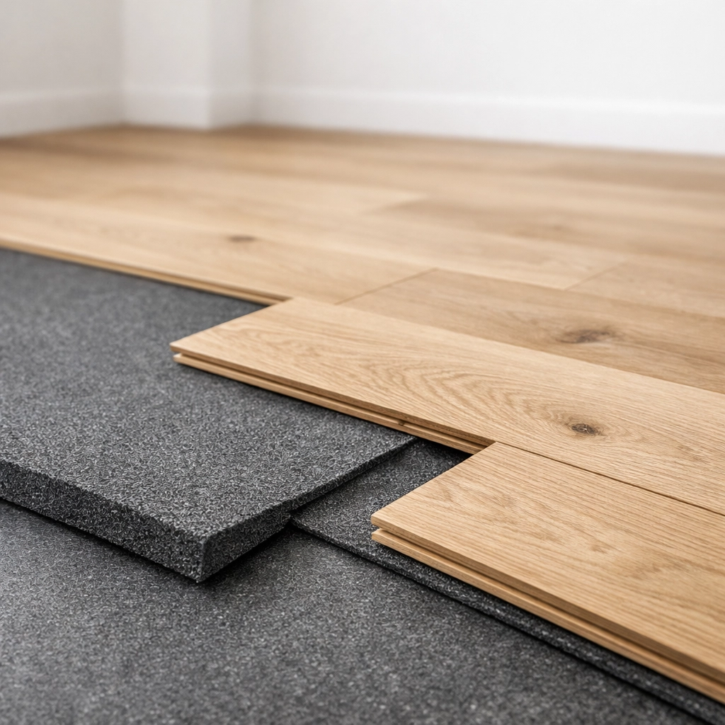 Installing acoustic underlayment and oak luxury flooring for superior sound and durability in a modern home.