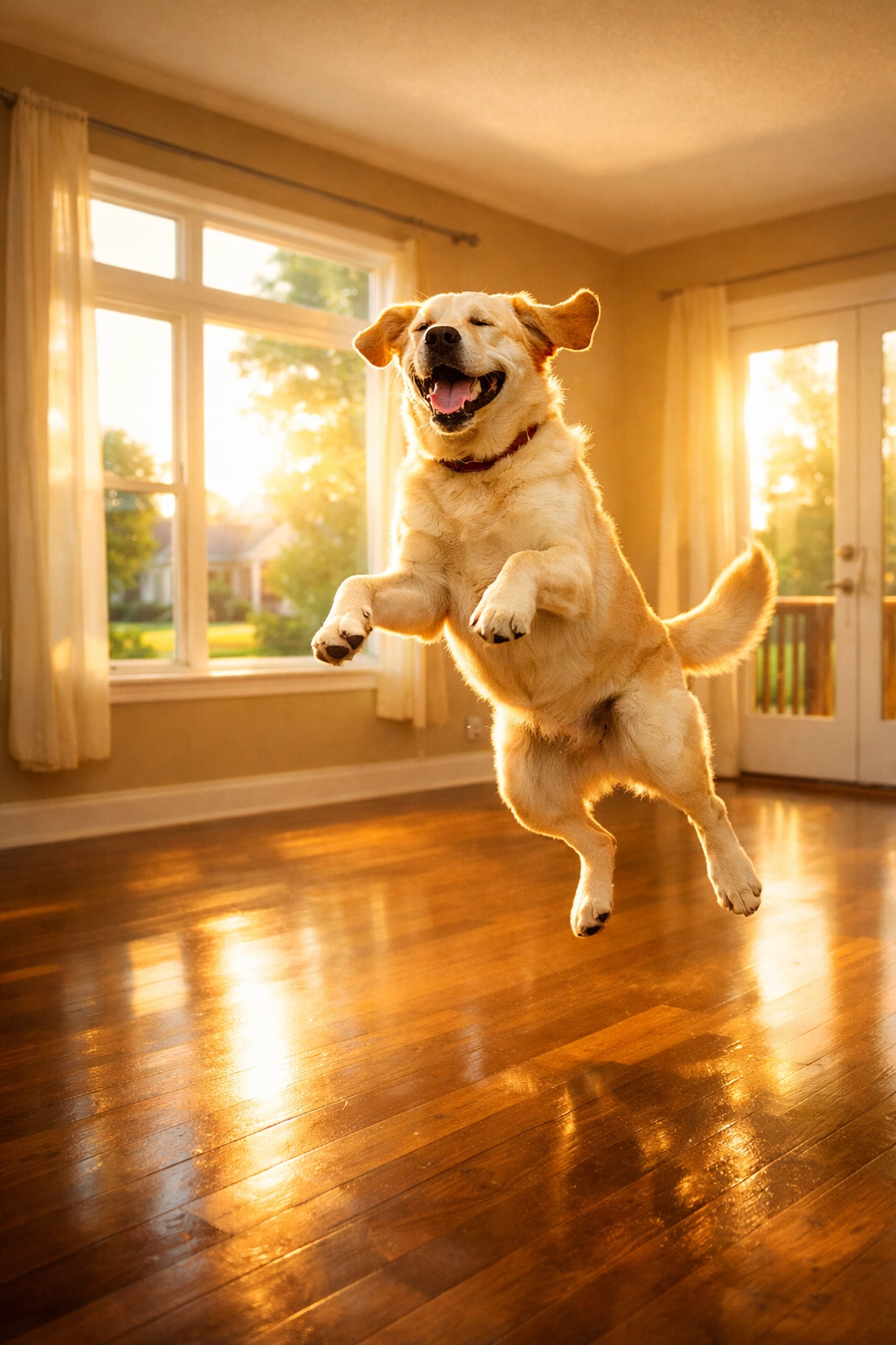 A joyful dog in a sunlit Lee's Summit living room after selling a Missouri house fast for a fresh start.