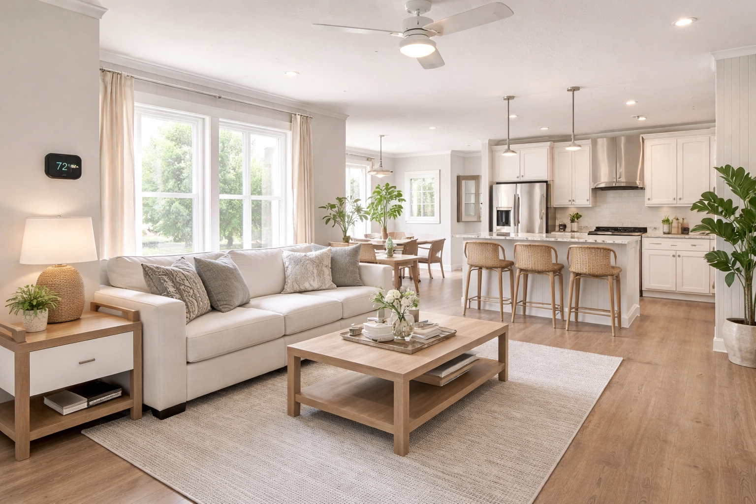 Spacious open floor plan interior of a modern manufactured home with stylish finishes