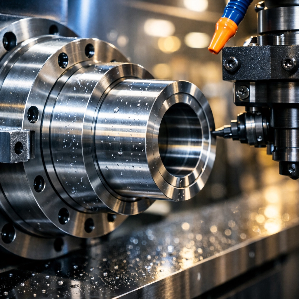 Close-up of a degreased CNC machine component in a Brockton industrial plant, showcasing precision cleaning.