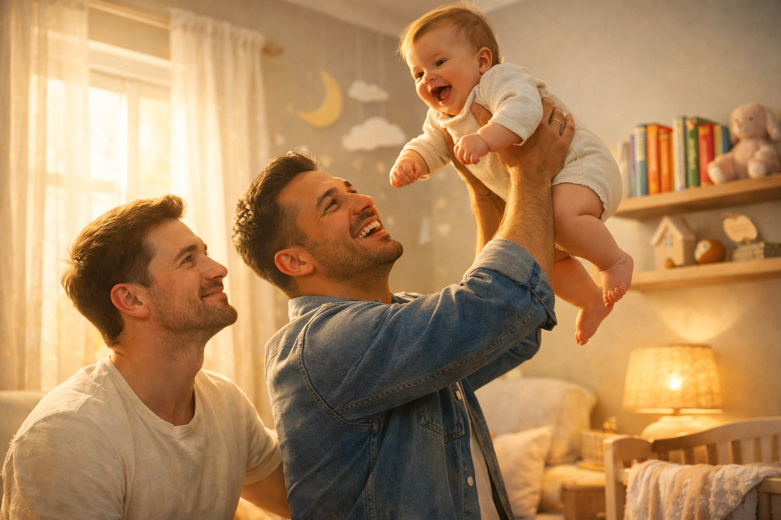Two gay fathers playing with their infant in a nursery, illustrating a queer family happy ending.