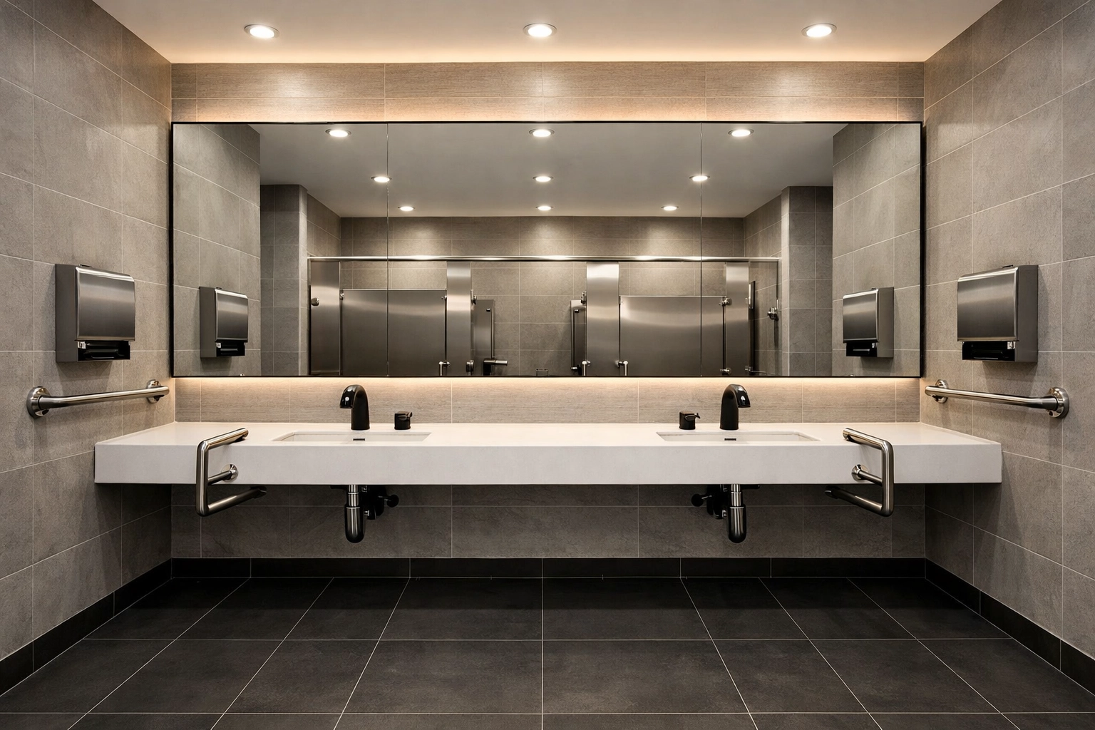 Modern ADA-compliant commercial restroom installed by a tenant improvement contractor in Wilmington.