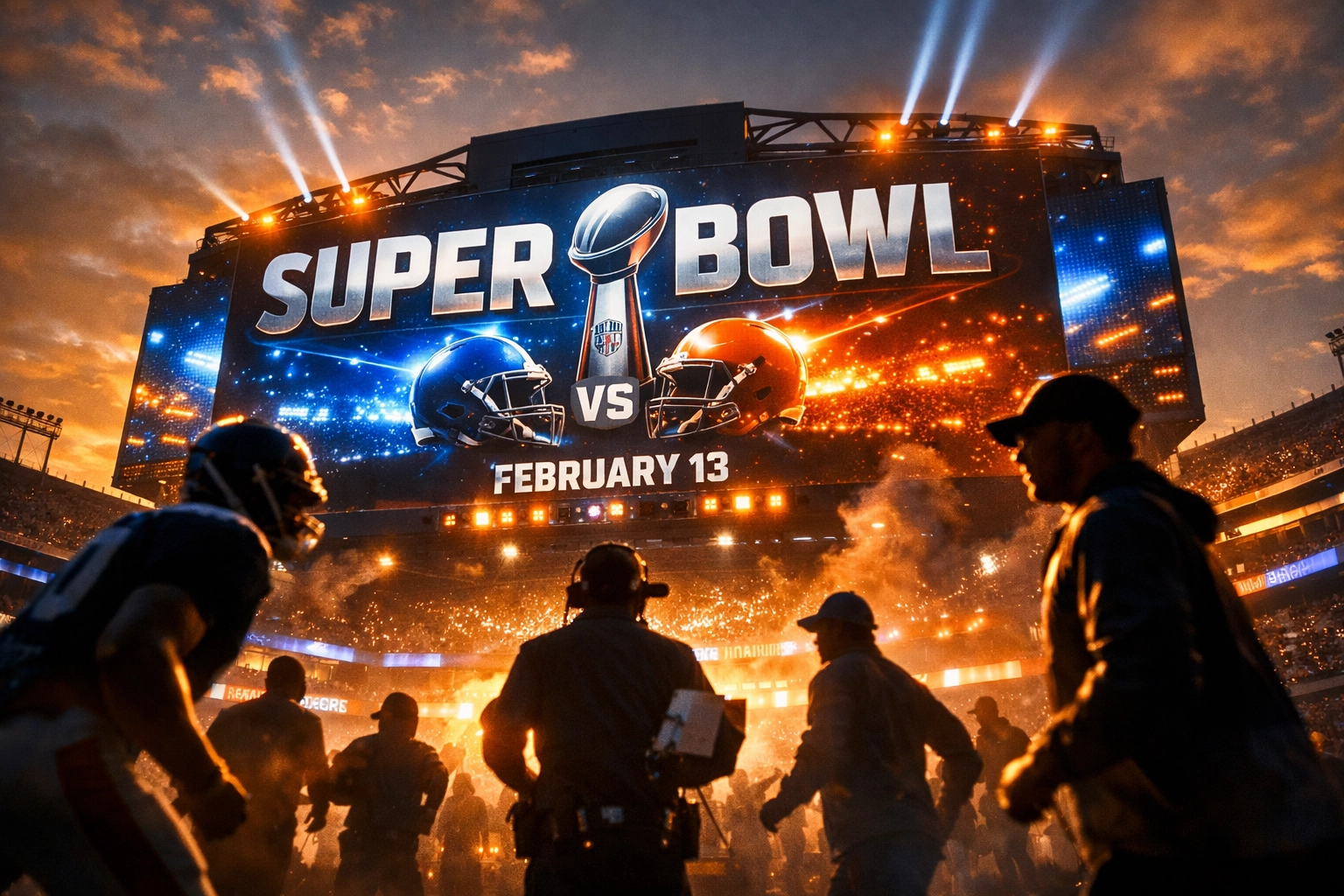Super Bowl stadium scoreboard with NIL brand activations and athletes preparing for game day marketing