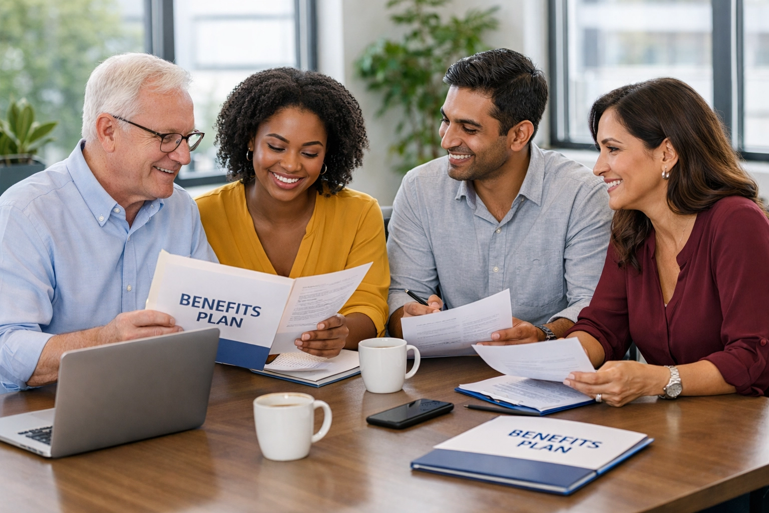Small business team reviewing employee benefits and tax credit documentation