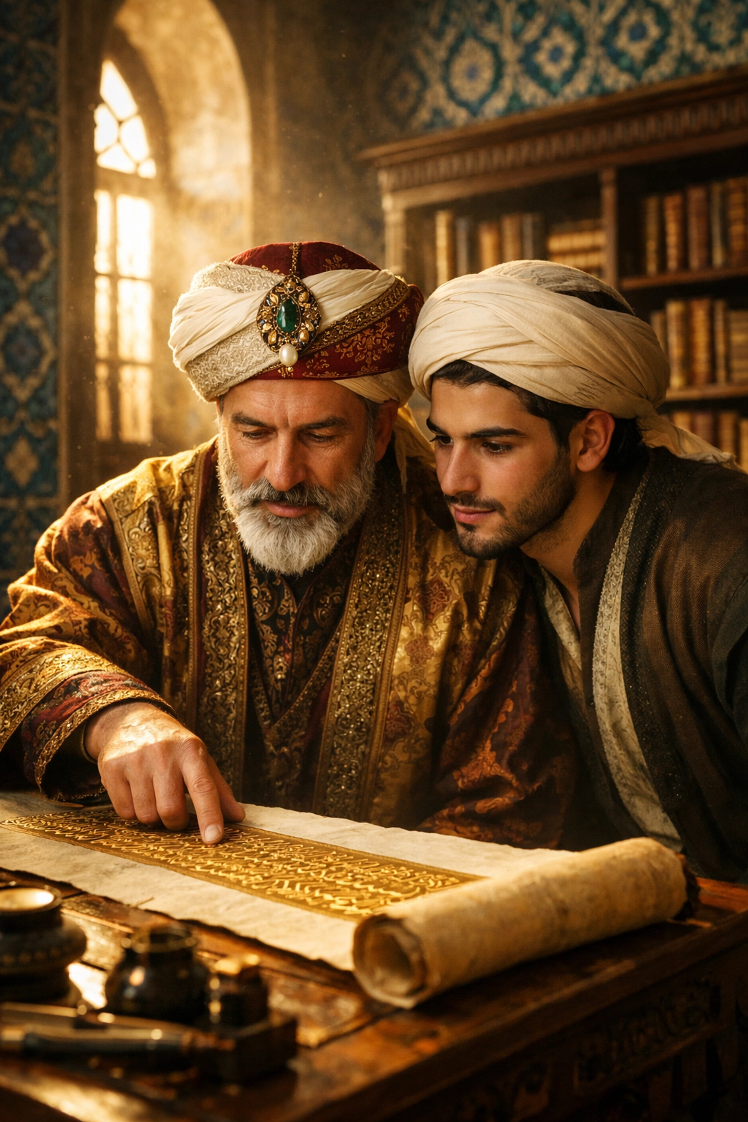 Older Ottoman scholar and young apprentice study a calligraphy manuscript in a sun-lit historical library.