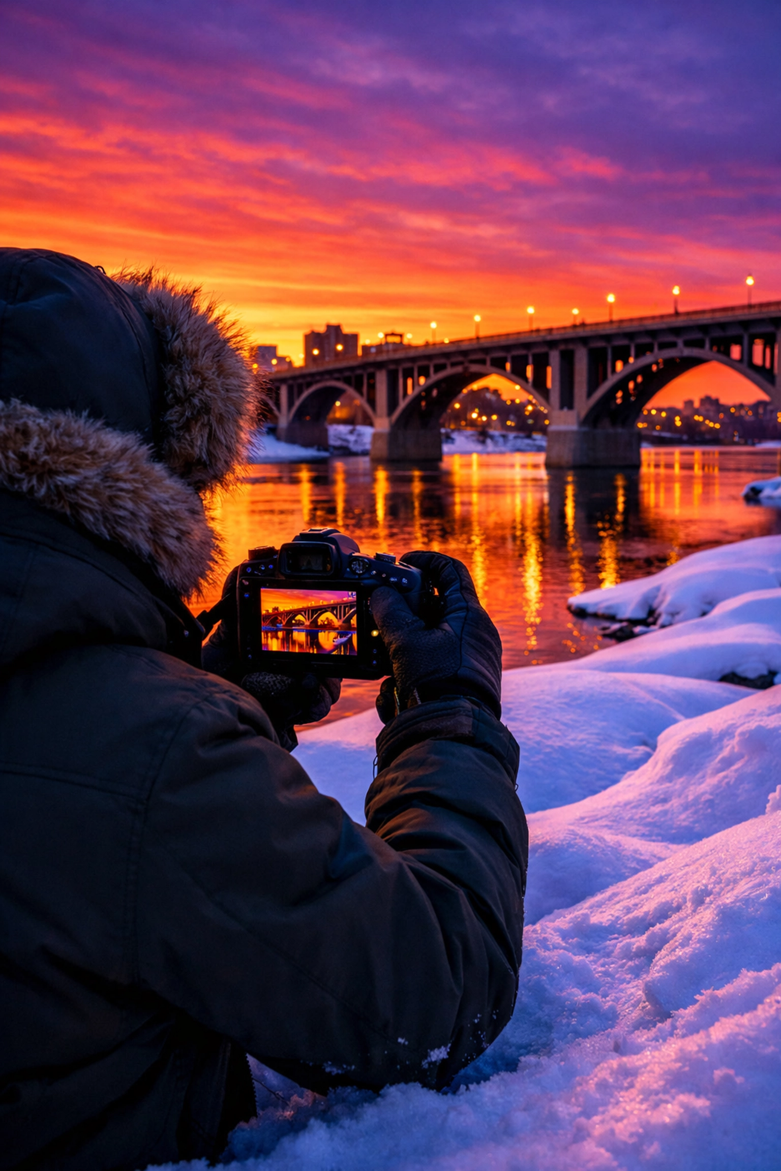Saskatoon photographer shooting the Broadway Bridge with a mirrorless camera in snowy winter conditions.
