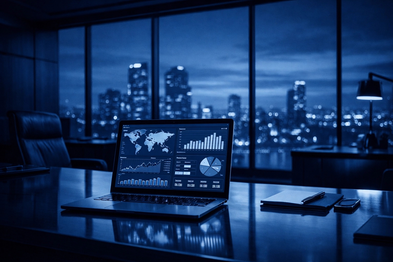 Professional office setting with a security dashboard for a business IT infrastructure audit.