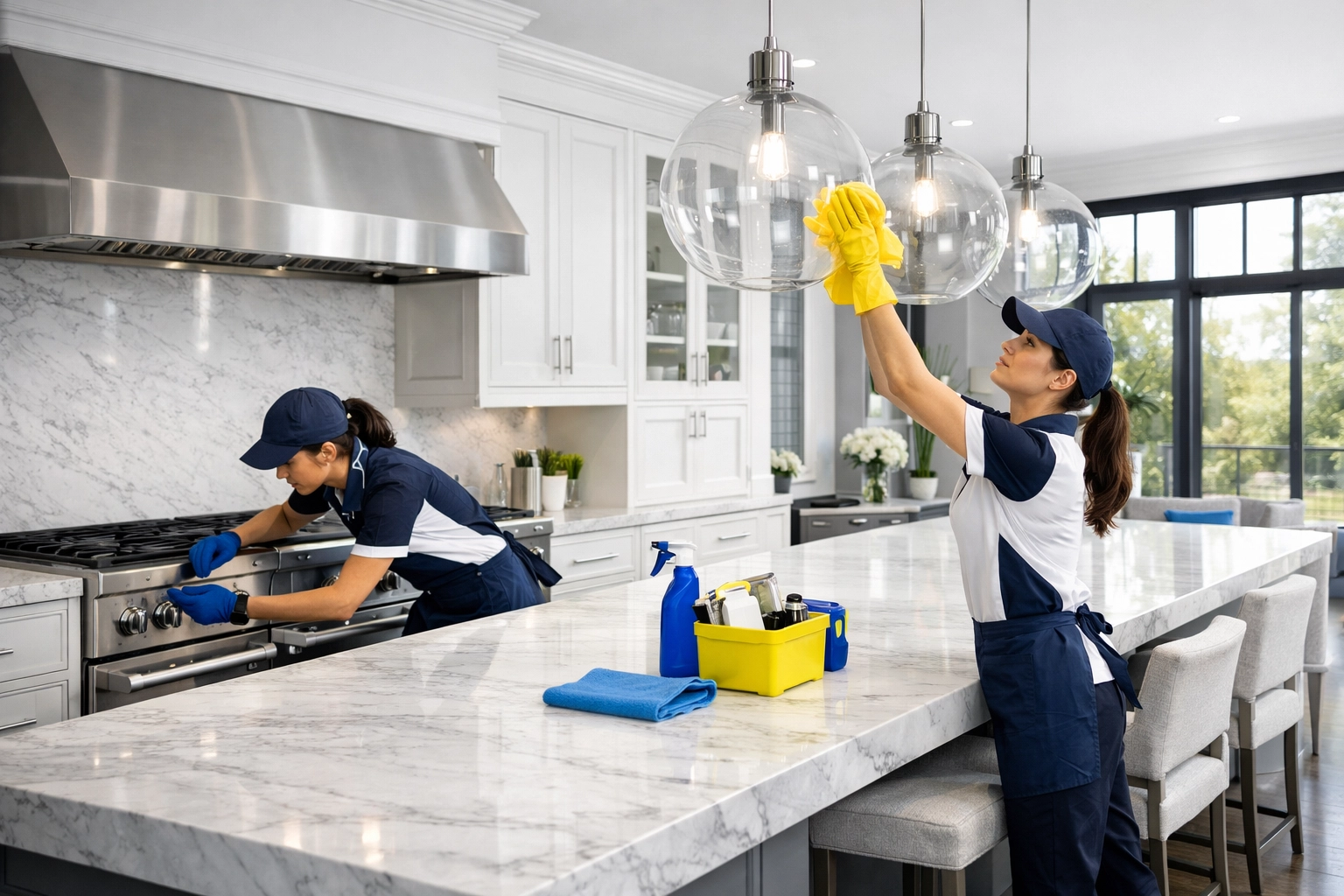 Professional team providing residential cleaning Massachusetts in a modern Dover luxury kitchen.