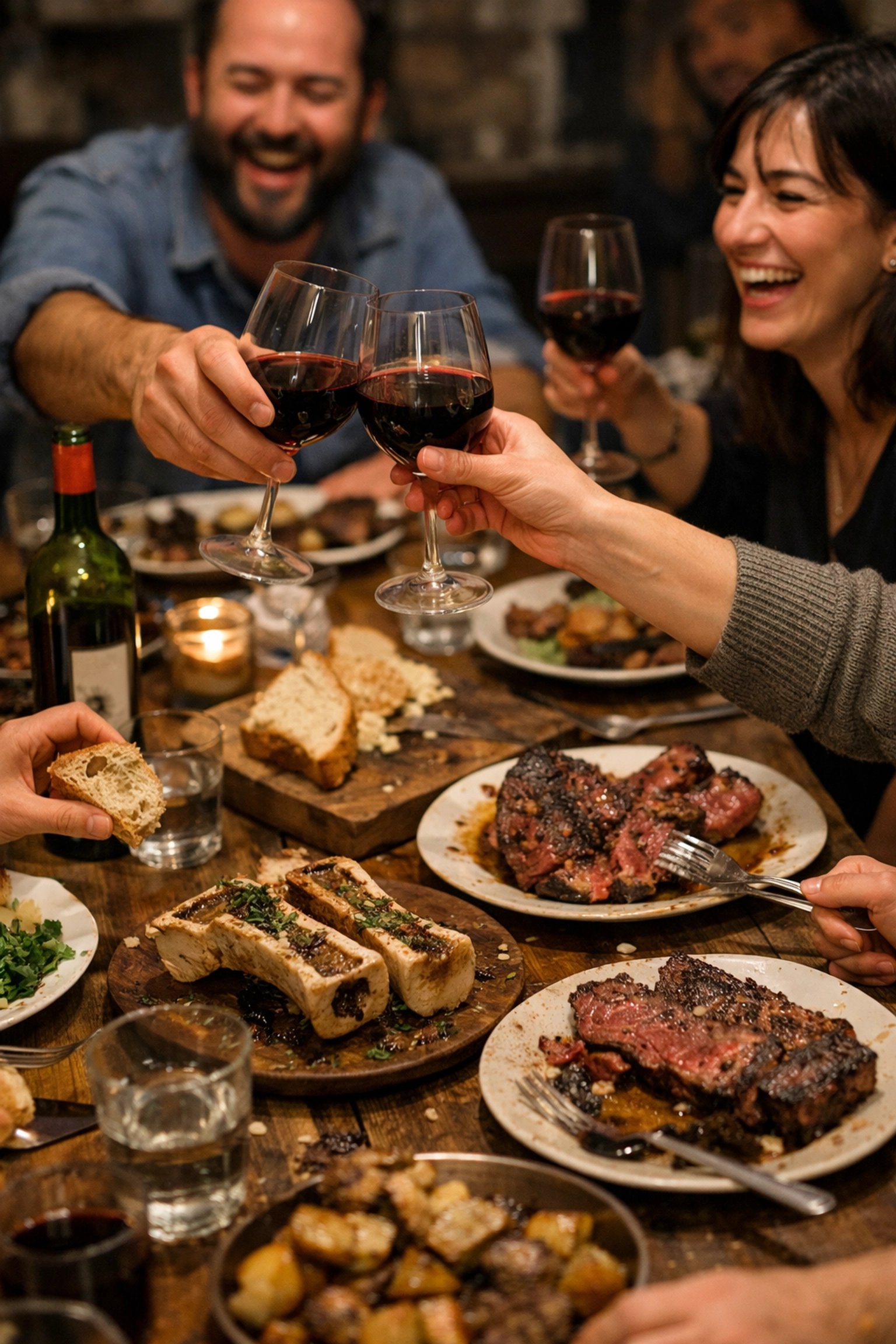 Friends sharing a communal steak dinner and wine, capturing the heart of Montreal’s food culture.