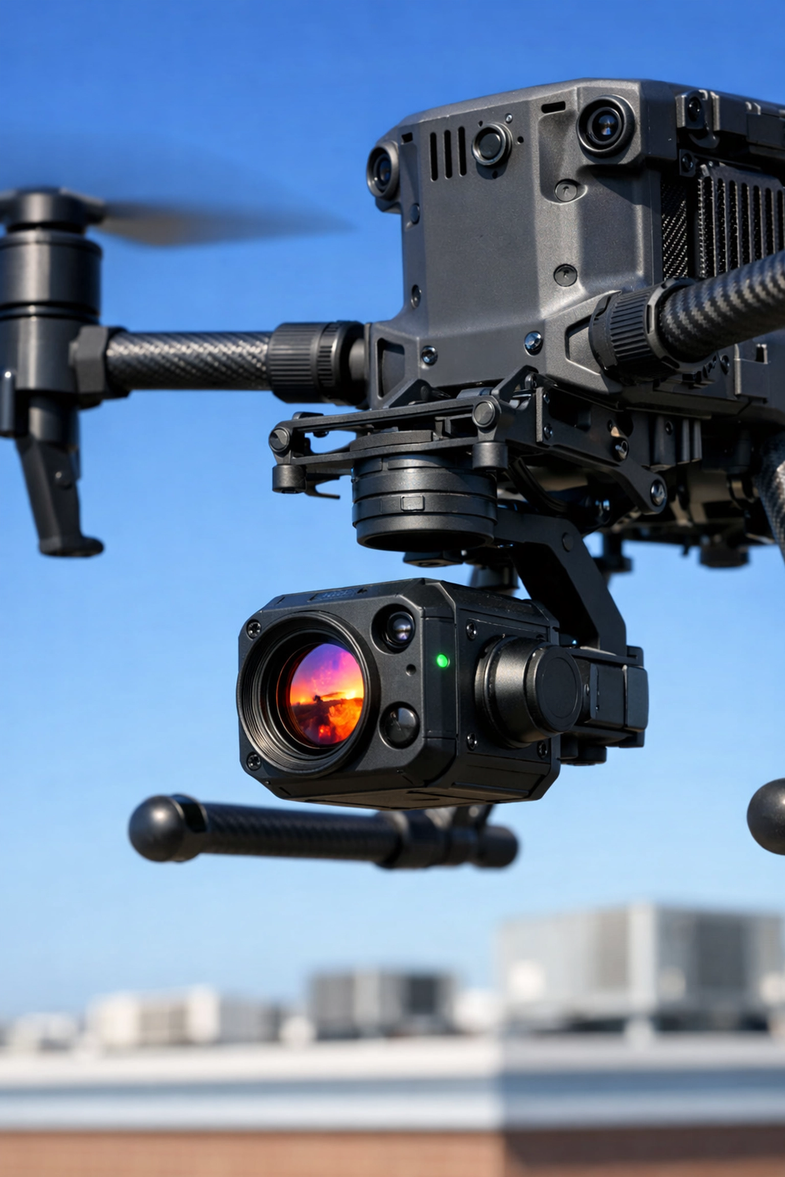 Professional thermal imaging drone with radiometric camera inspecting commercial building roof