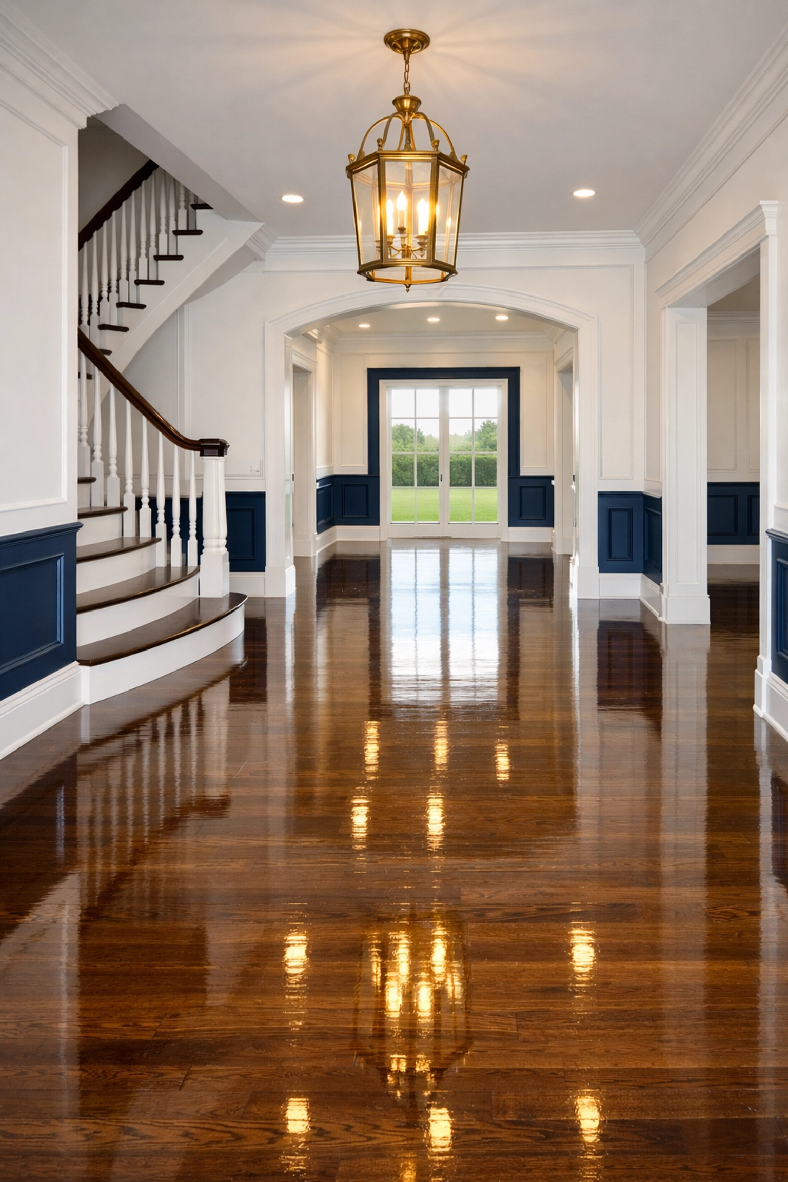 Gleaming hardwood floors in a Massachusetts foyer after a professional residential cleaning move-in service.