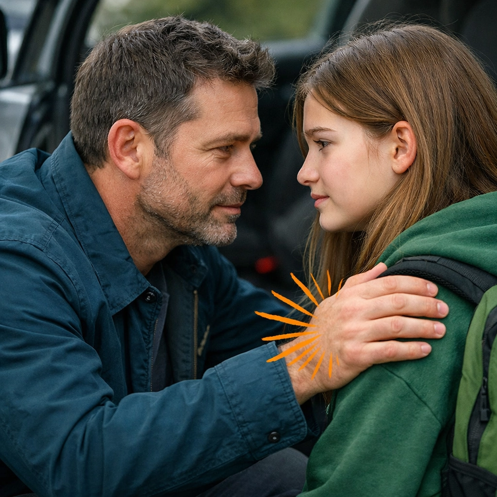 A dad connecting with his teenage daughter before school to reinforce her self-awareness and identity.