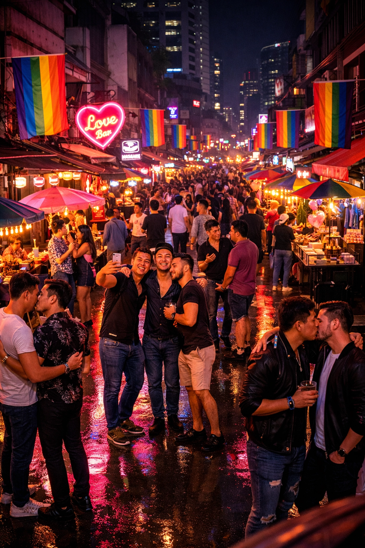 Silom Road gay nightlife during Valentine's with neon lights and LGBTQ+ crowds in Bangkok