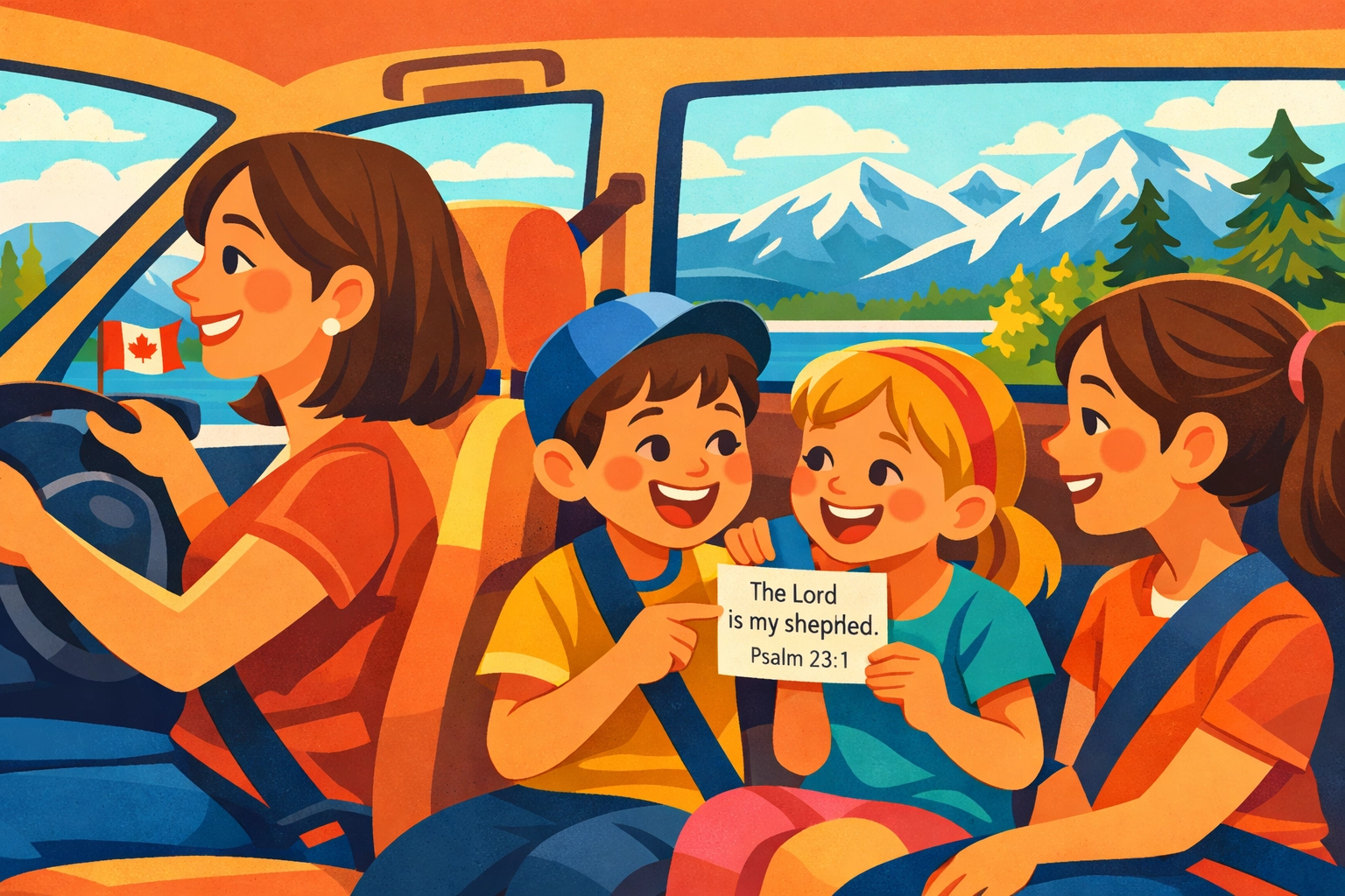 Mom and kids discussing Bible verse in car during everyday faith based parenting moments