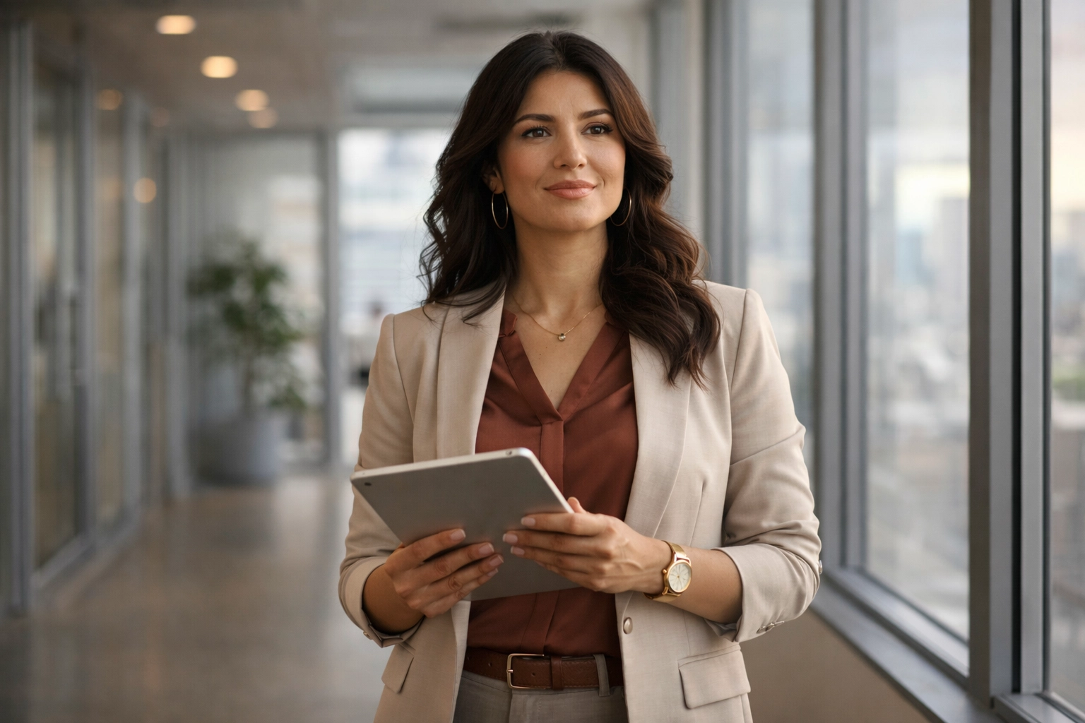 Confident Latina professional in a bright office holds a tablet, reflecting career growth and the future of administrative work.