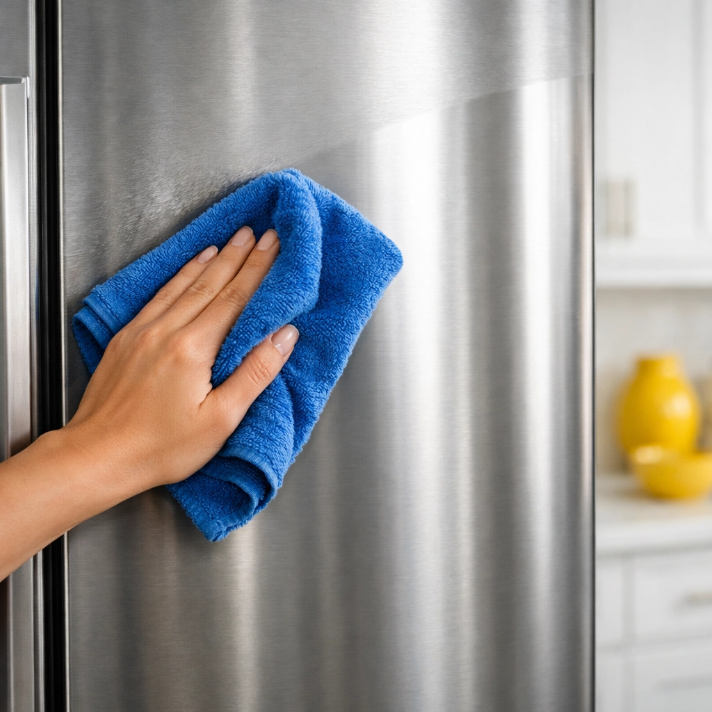 Cleaning a stainless steel refrigerator with a microfiber cloth for a streak-free shine.