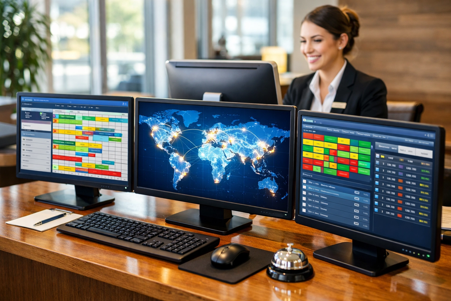 Hotel receptionist using GDS booking system with real-time inventory display