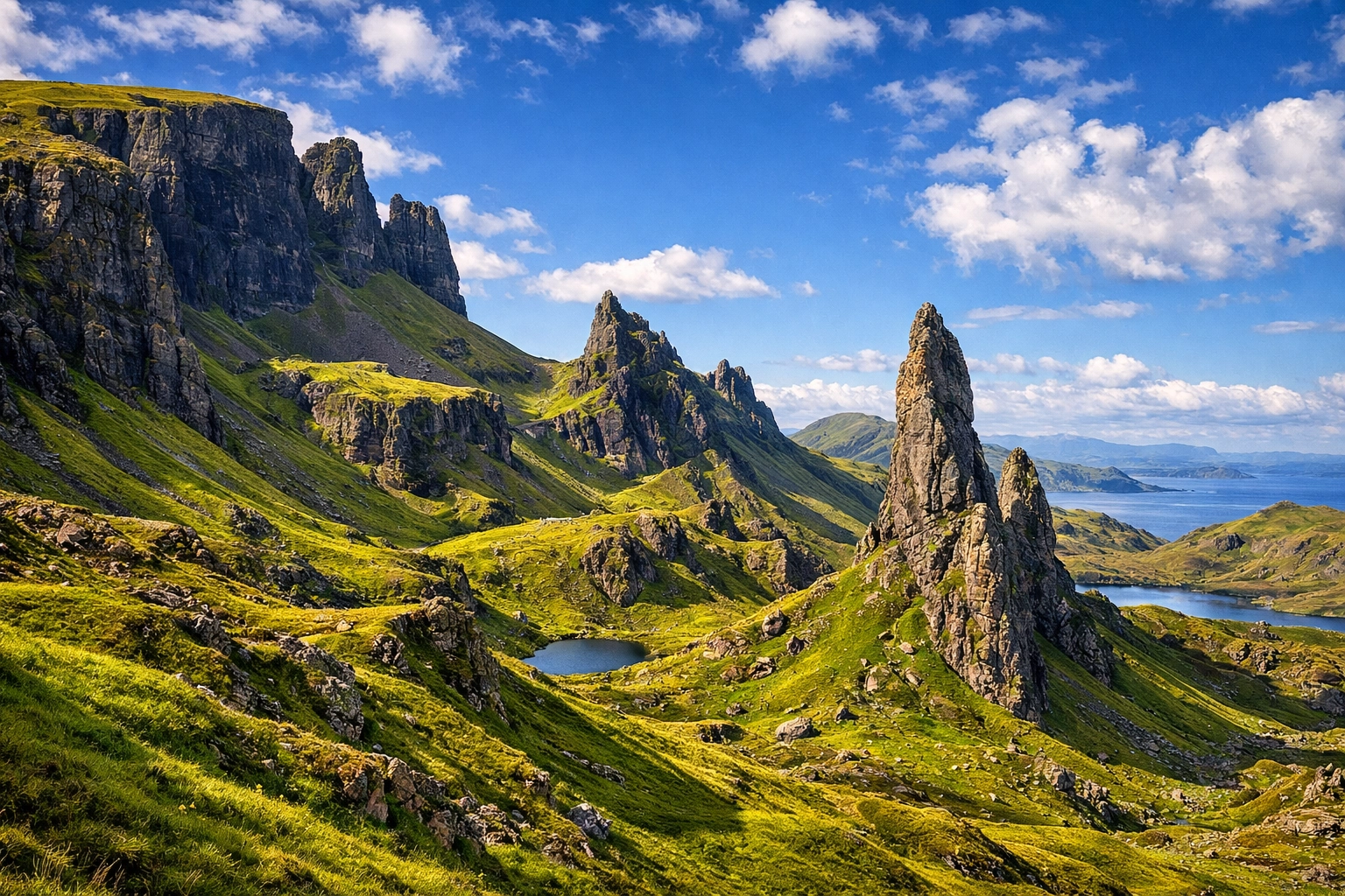 Quiraing rock formations and pinnacles on Isle of Skye hiking trail Scotland