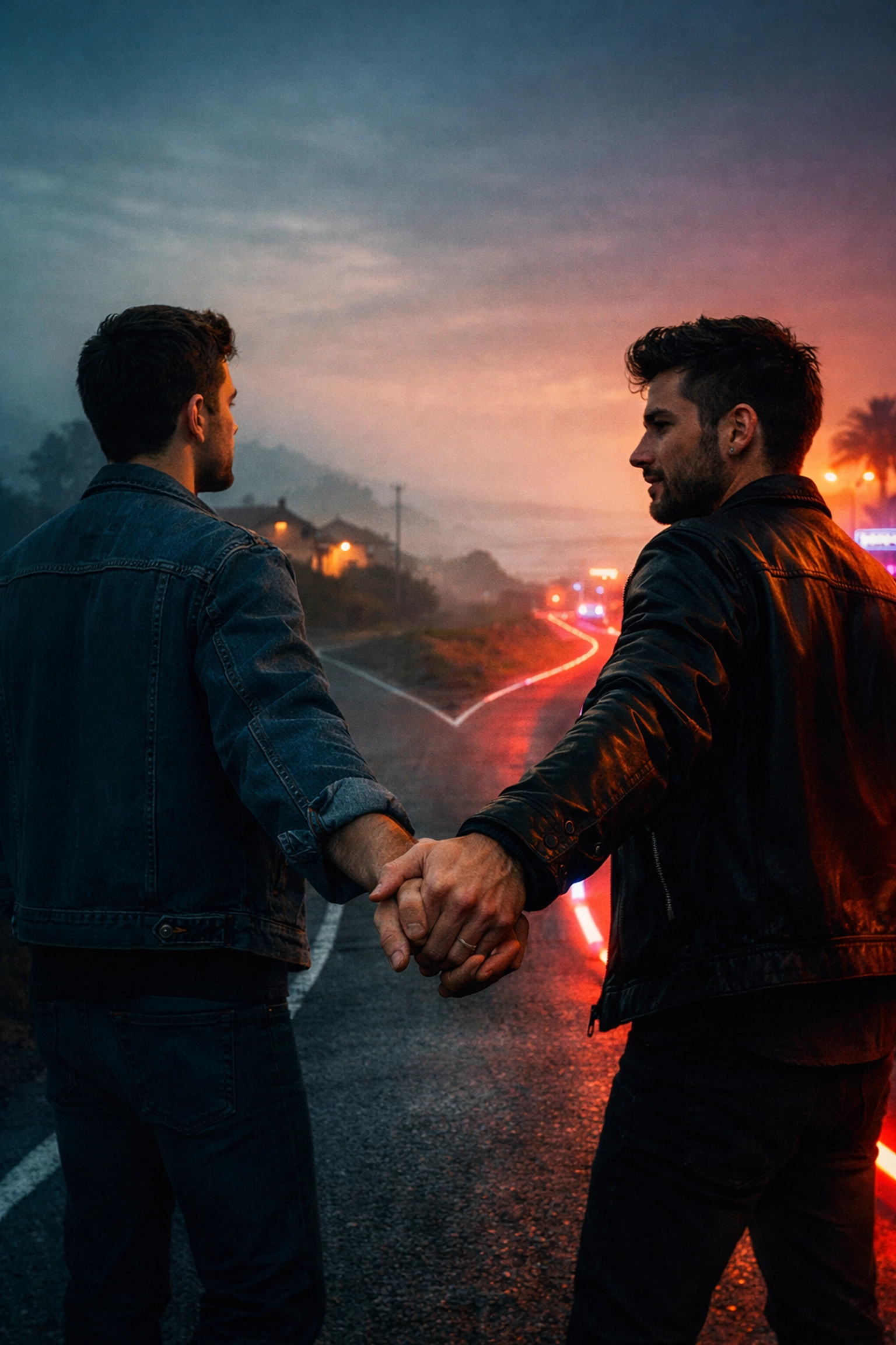 Gay couple at a crossroads choosing between traditional life milestones and an authentic queer path.