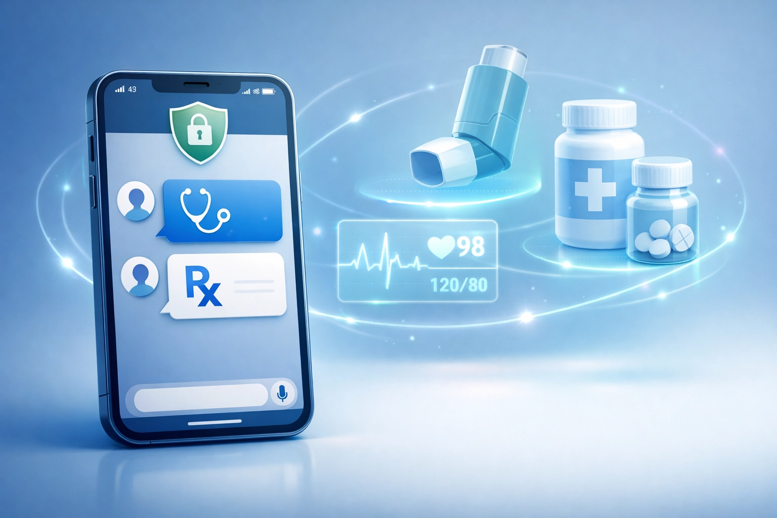 Smartphone displaying secure medical chat for online asthma and cholesterol prescription refills