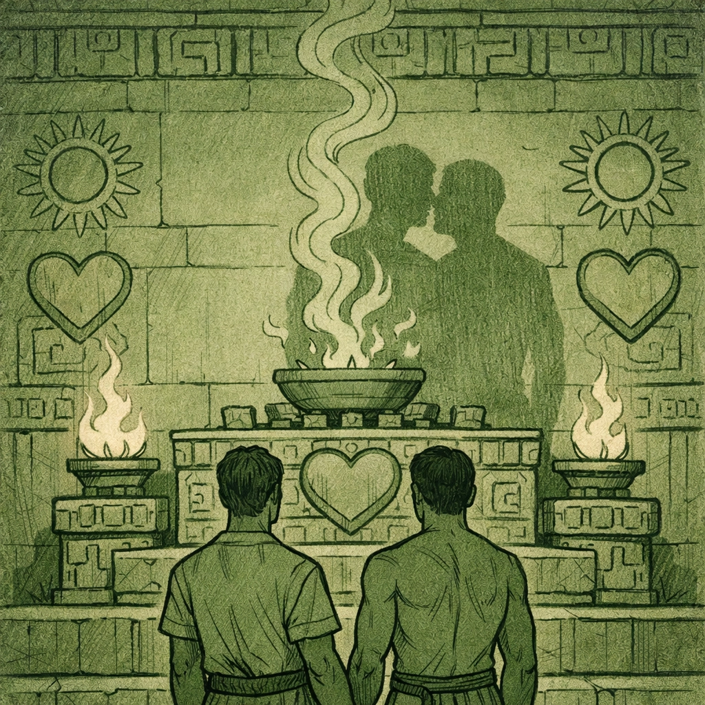 Aztec temple ritual scene showing spiritual bond between two men - gay historical fiction