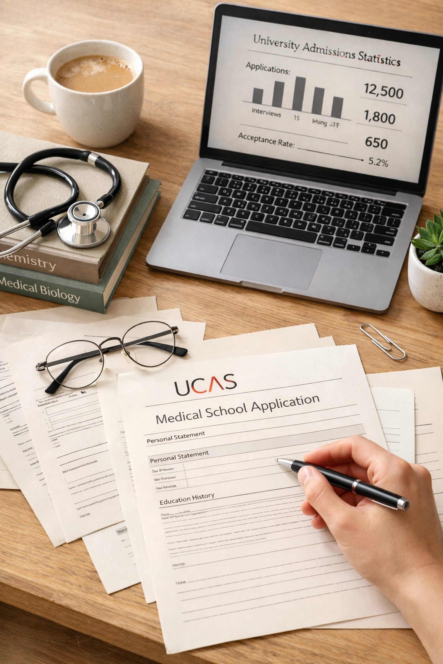 Medical school application materials including UCAS forms and chemistry textbooks on student's desk