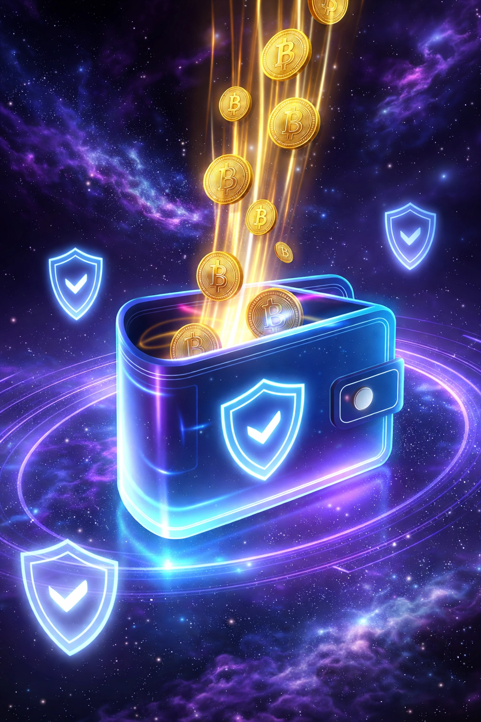 Illustration of a secure digital wallet receiving cryptocurrency instantly, highlighting Larecoin's self-custody feature.