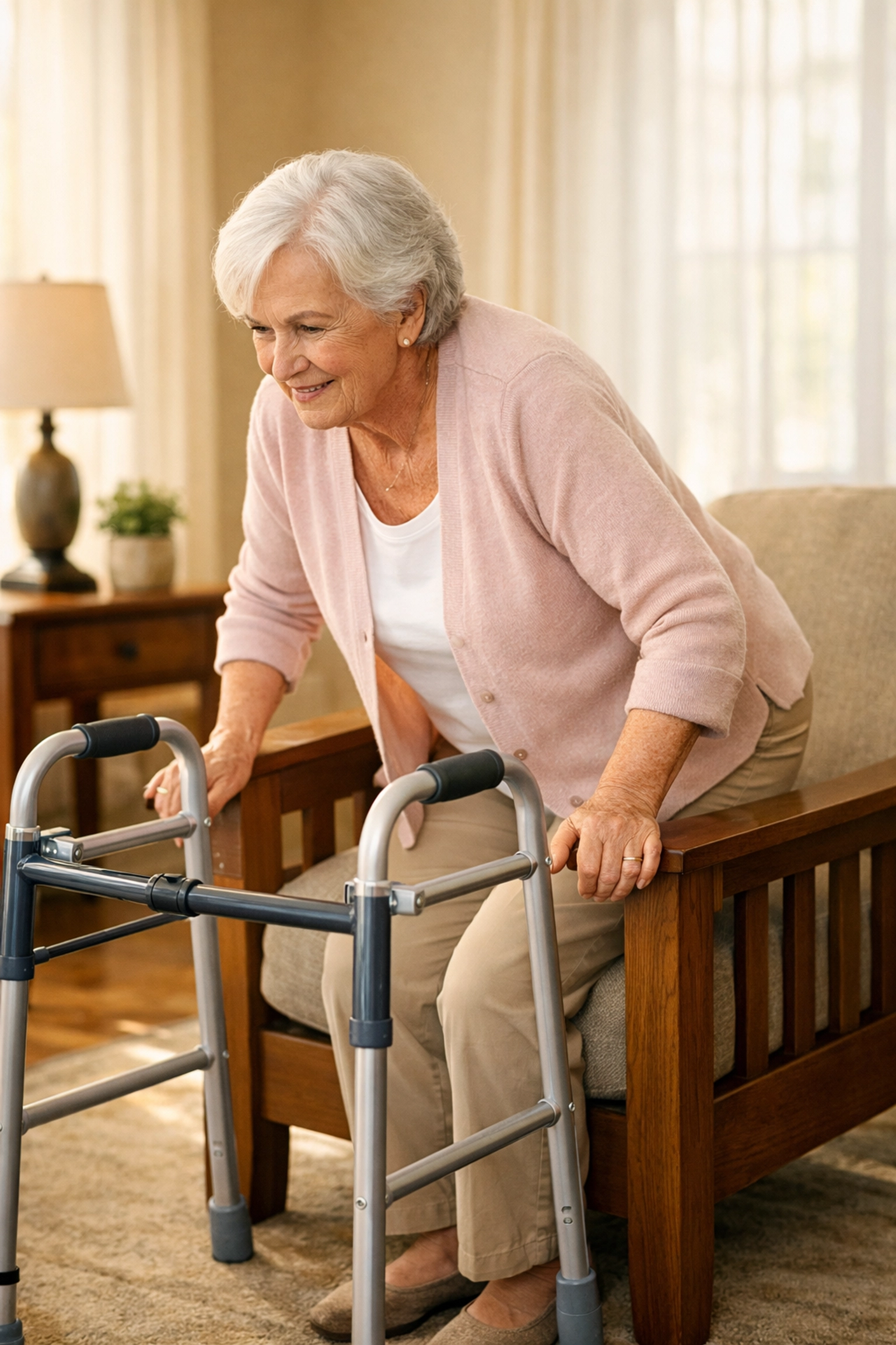 Using chair armrests to stand up safely instead of pulling on a walker for support.