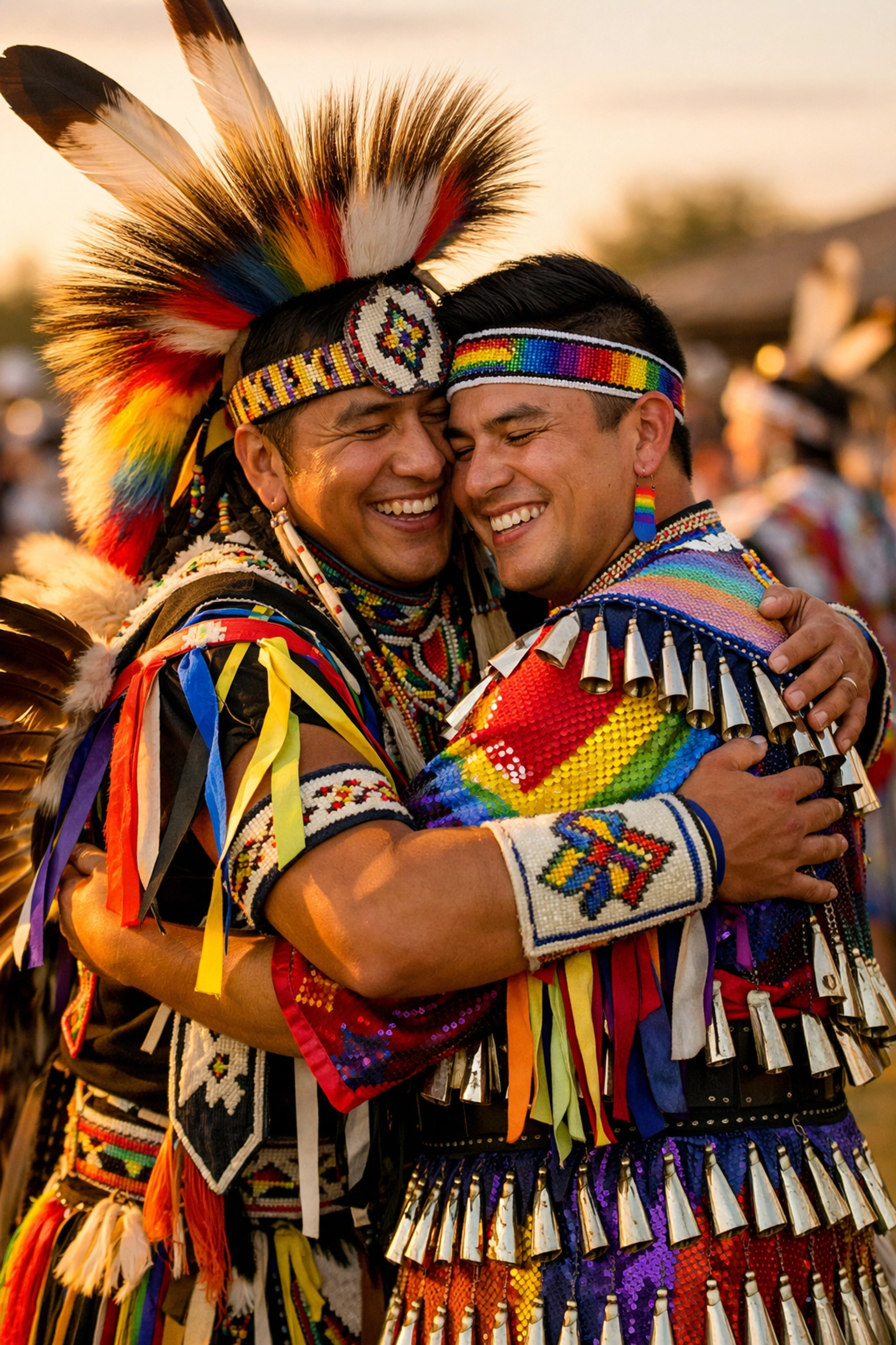 Indigenous men in traditional powwow regalia embracing during ceremony, celebrating Two-Spirit pride