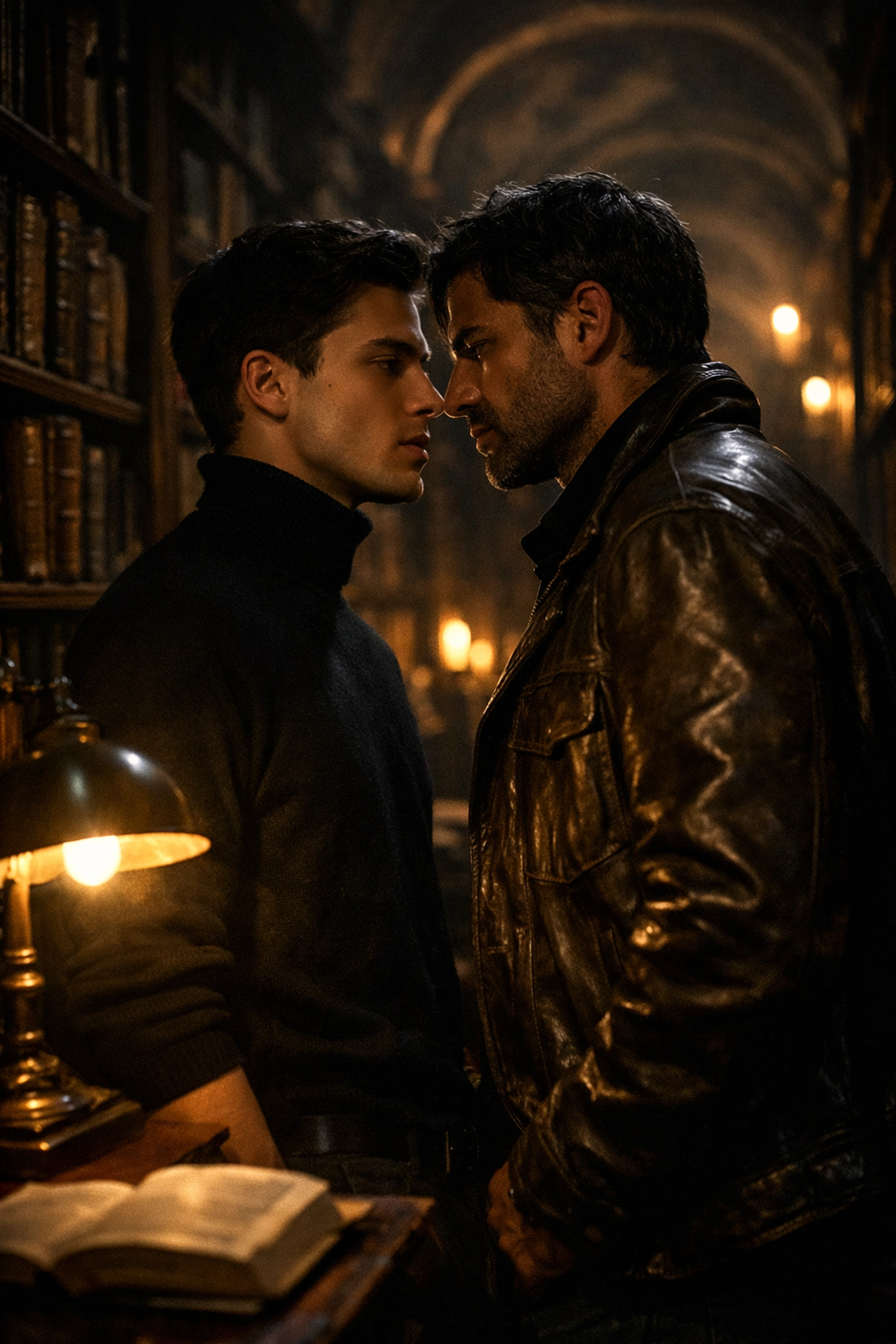 Two men in a secret Vatican library representing a forbidden MM romance and suspenseful mystery.