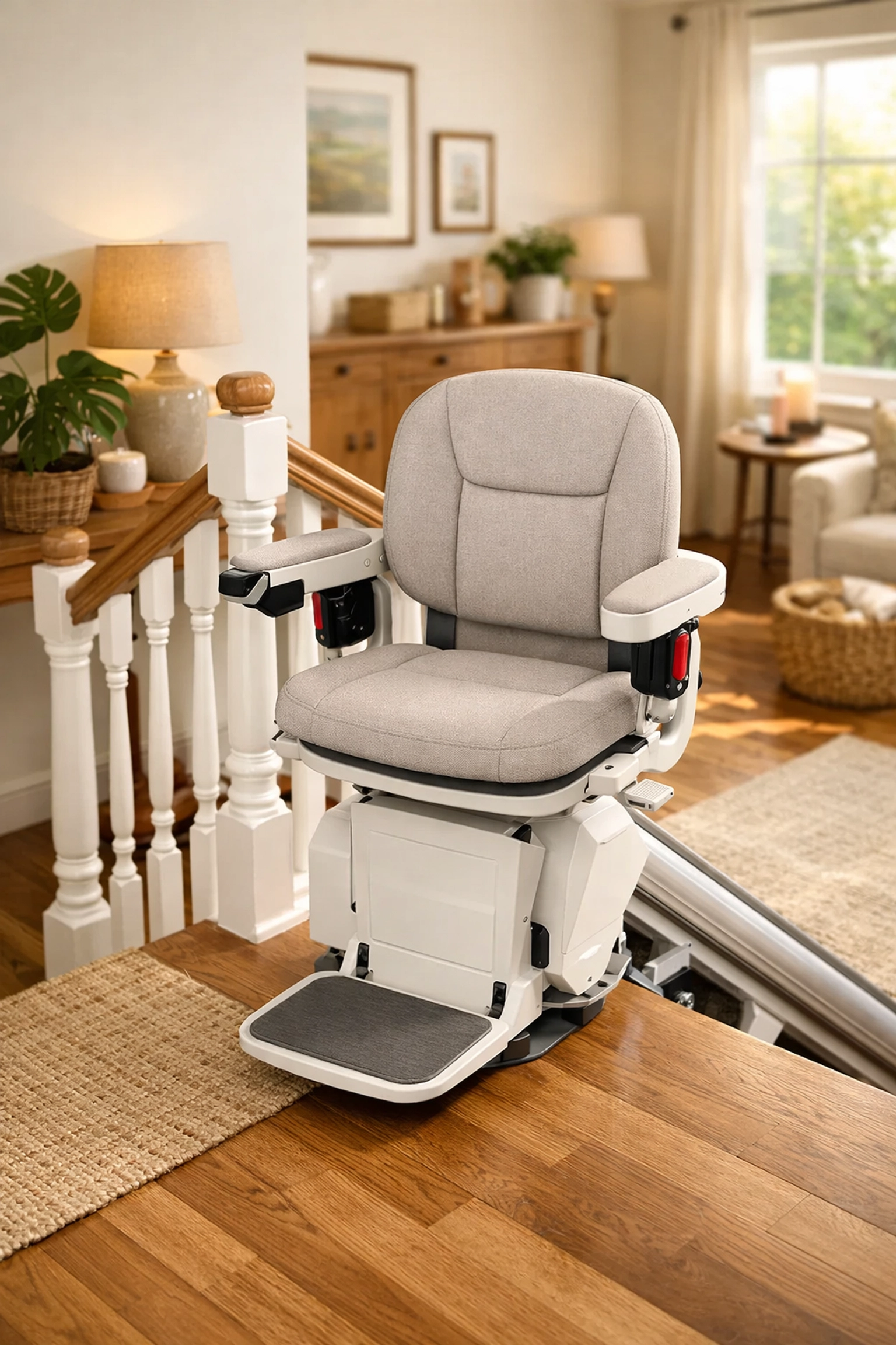 A modern motorized stair lift installed on a home staircase to assist with vertical mobility.