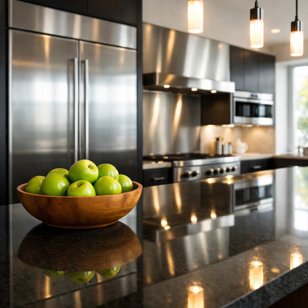 Deep-cleaned luxury kitchen with polished counters and stainless steel in a modern apartment.