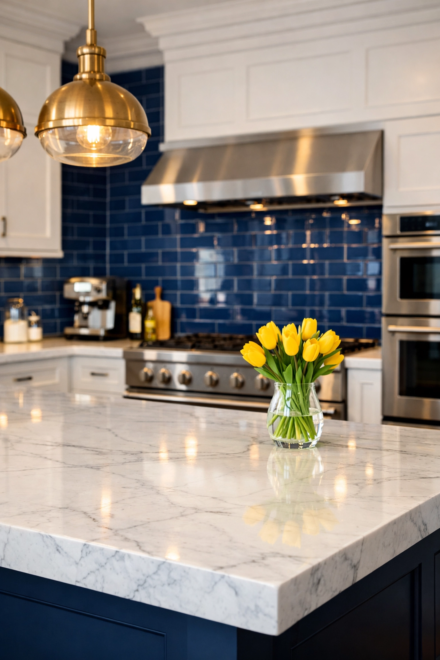 Modern kitchen with a marble island maintained through weekly house cleaning services in Leominster MA.