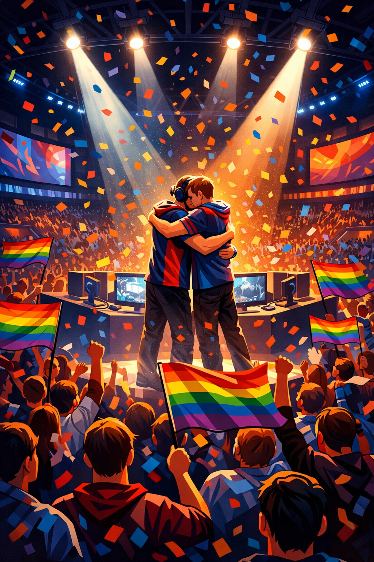 Gay esports players embracing on stage with pride flags in arena crowd